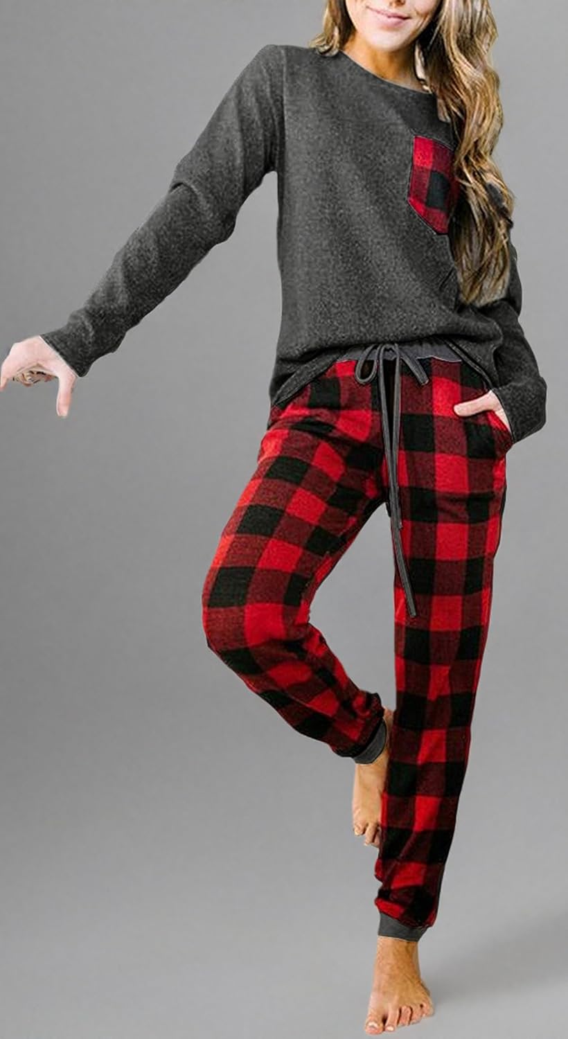 Artfish Women's Loungewear Outfits Pjs Long Sleeve Tops and Buffalo Plaid Joggers Pants Pajamas Set with Pockets - Image 3