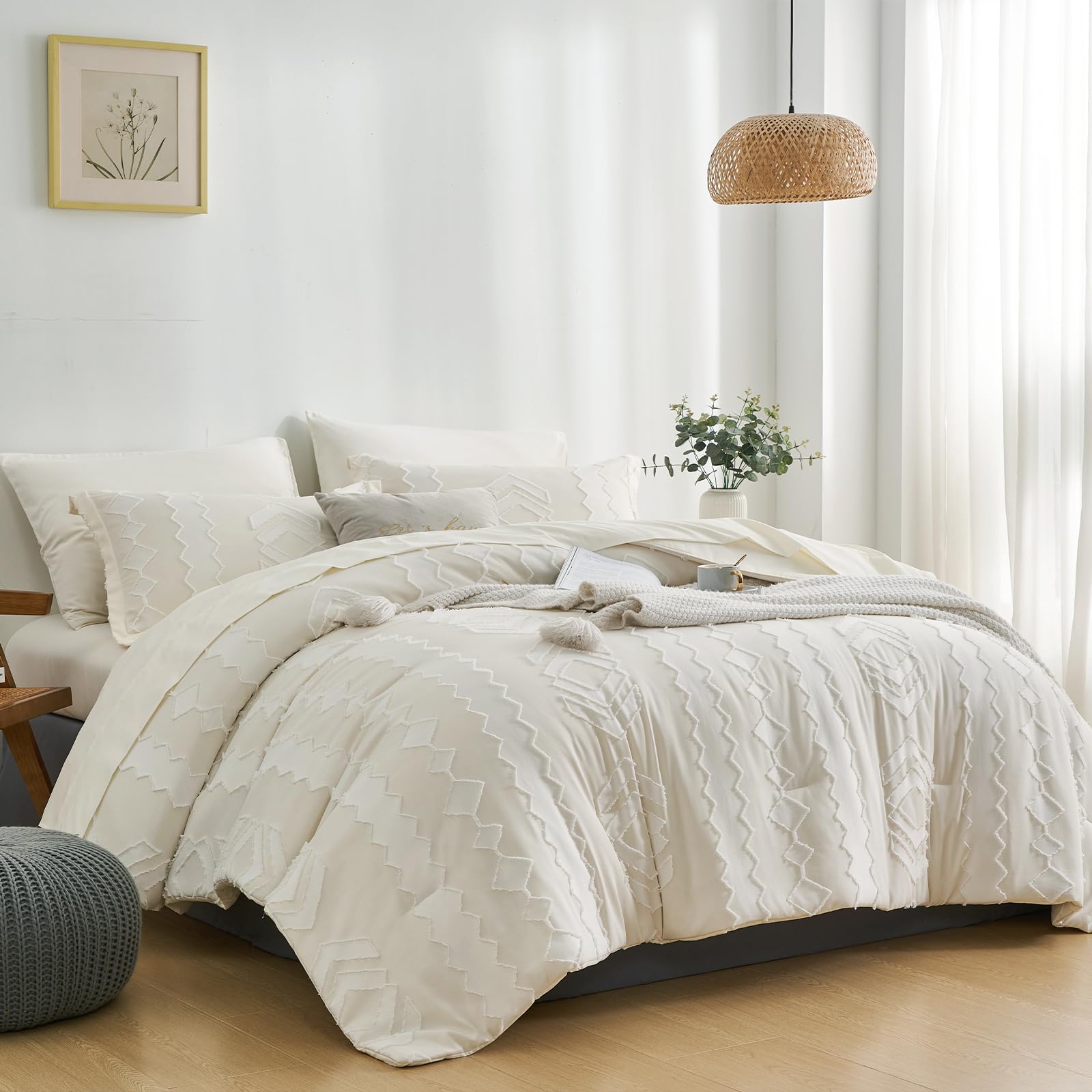Cream Full Size Comforter Sets, 7 Piece Bed in a Bag Full, Tufted Boho Bed Set, Geometric Embroidery Full Bedding Set, All Season Microfiber Bedding Comforter Set with Sheet