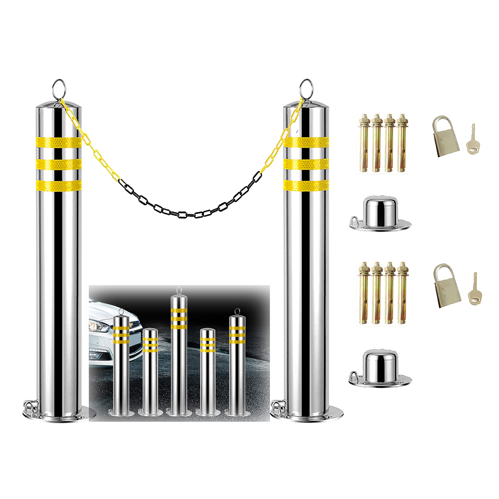 Set di 2 paletti di sicurezza in acciaio inox, facili da installare, bloccabili, per cantieri edili e parcheggi