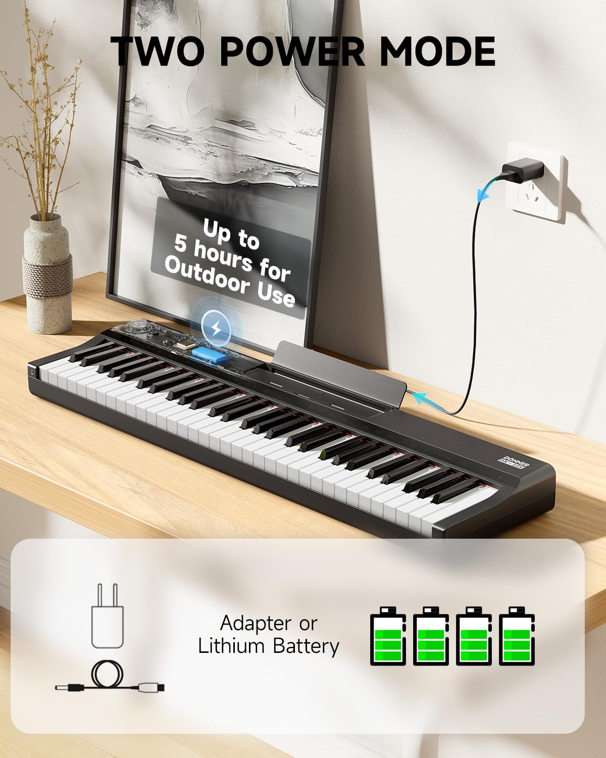 Donner DK-10S Digital piano 61 Tasten klavier mit beleuchteter Tastatur für Anfänger e piano- Tragbar, 5h Akku, 500 Sounds, inkl. Holzständer & Lern-App - Schwarz
