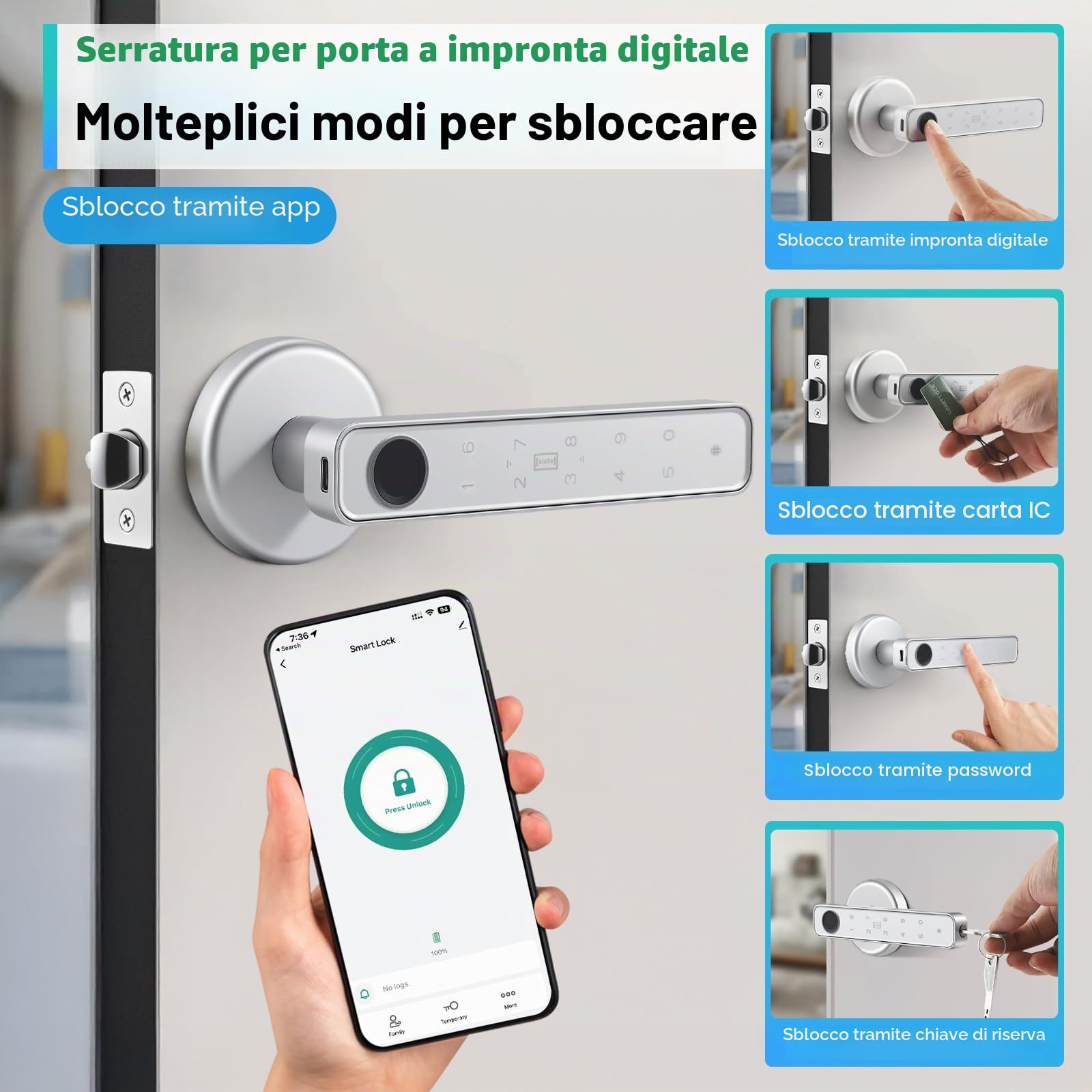 Smart serratura elettrica con impronte digitali, Smart Lock per porta interna, serratura elettronica con Bluetooth, password, app, scheda IC e chiave di emergenza per Smart Home
