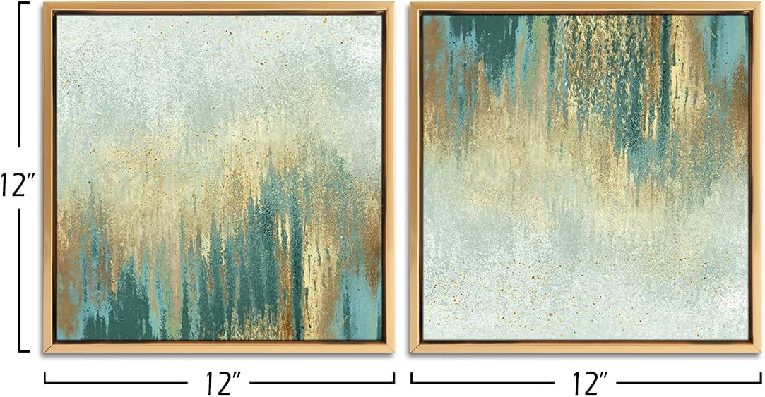 QTESPEII Abstract Wall Art Gold Frame Sage Teal Print Paintings Vintage Linen Canvas Artwork for Bedroom Living Room Minimalist Decorations Rustic Modern Home Office Décor 12"x12" 2 Pieces