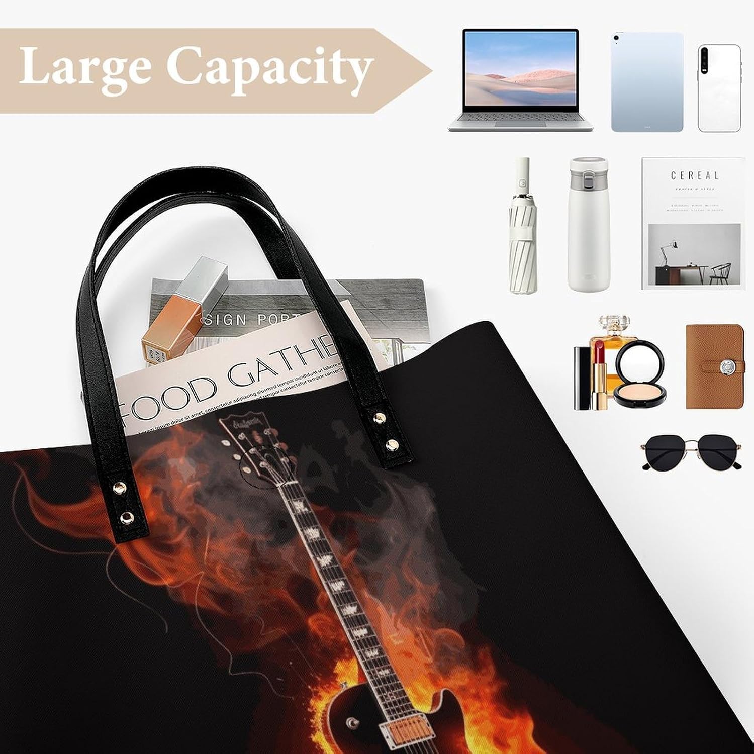 Fire Guitar Tote Bag with Magnetic Buckle Reusable Grocery Bags Lightweight Cross Body Handbag for Daily Essentials