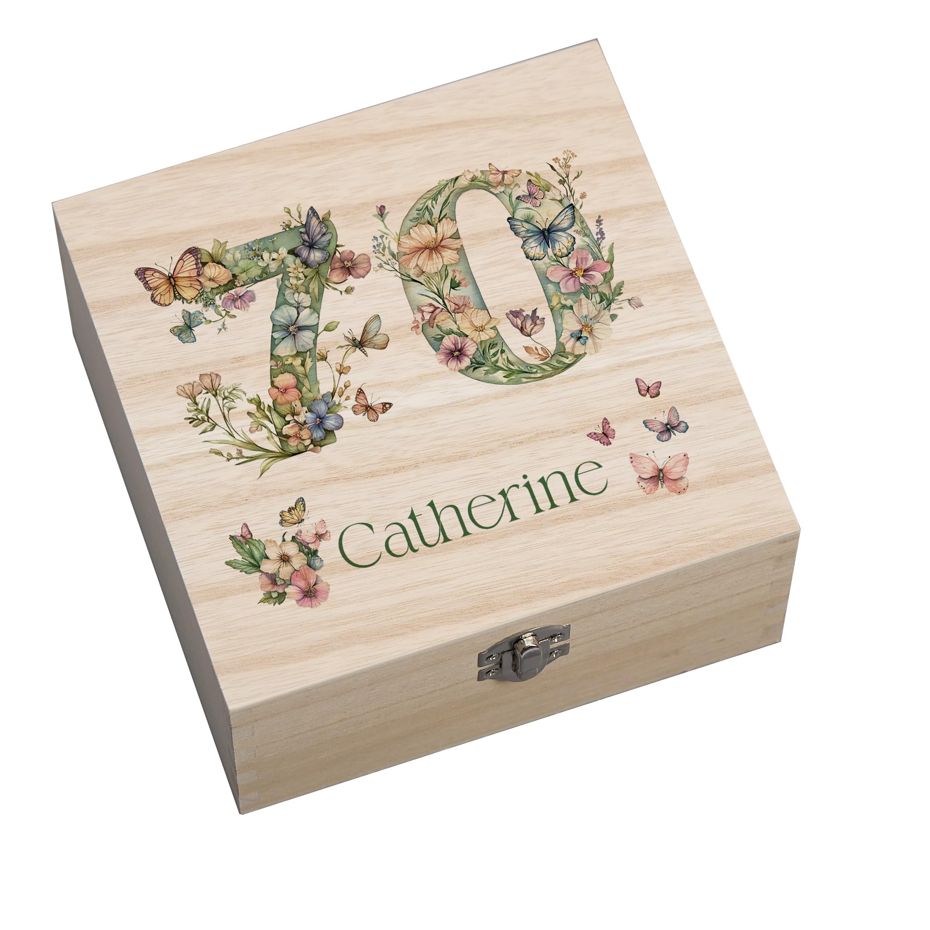 ukgiftstoreonline Personalised 70th Birthday Keepsake Memory Box, Natural Wood with Butterfly and Flower Design, 17x17x7cm, Square