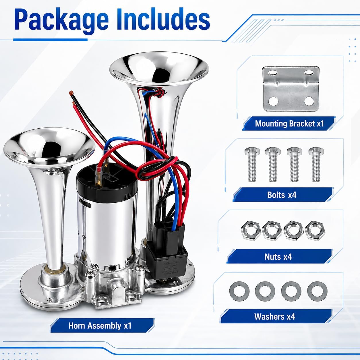 Upgraded 600DB Train Horn for Truck, 12V Super Loud Electric Air Horn Kit with Compressor, Fits for Car, Impact Train, Lorry, Pickup, Boat, Electric Horn Blows Loudly, Motorcycle, SUV, Polished Silver