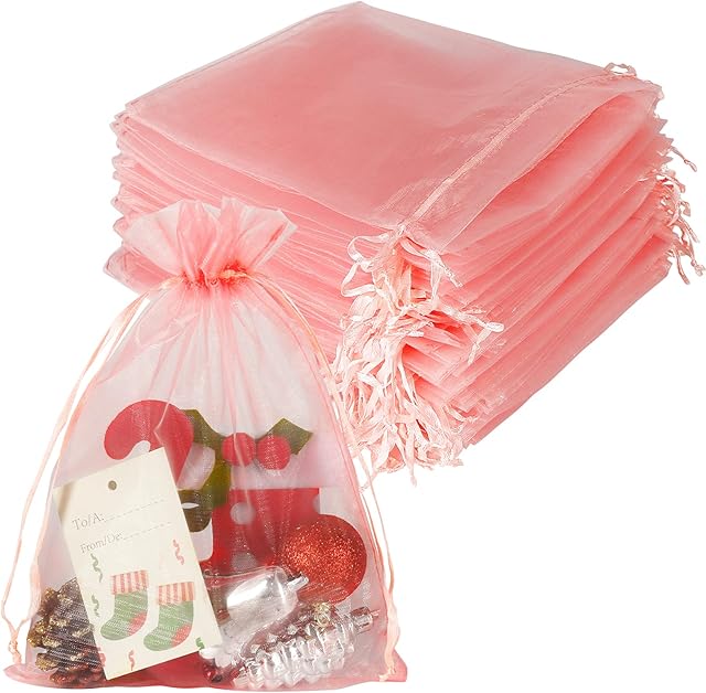 YQL 100PCS Blush Pink Organza Bags Large, 17X23CM Sheer Mesh Gift Bags with Drawstring for Jewelry Wedding Candy Makeup Baby Shower Christmas Festival Packing