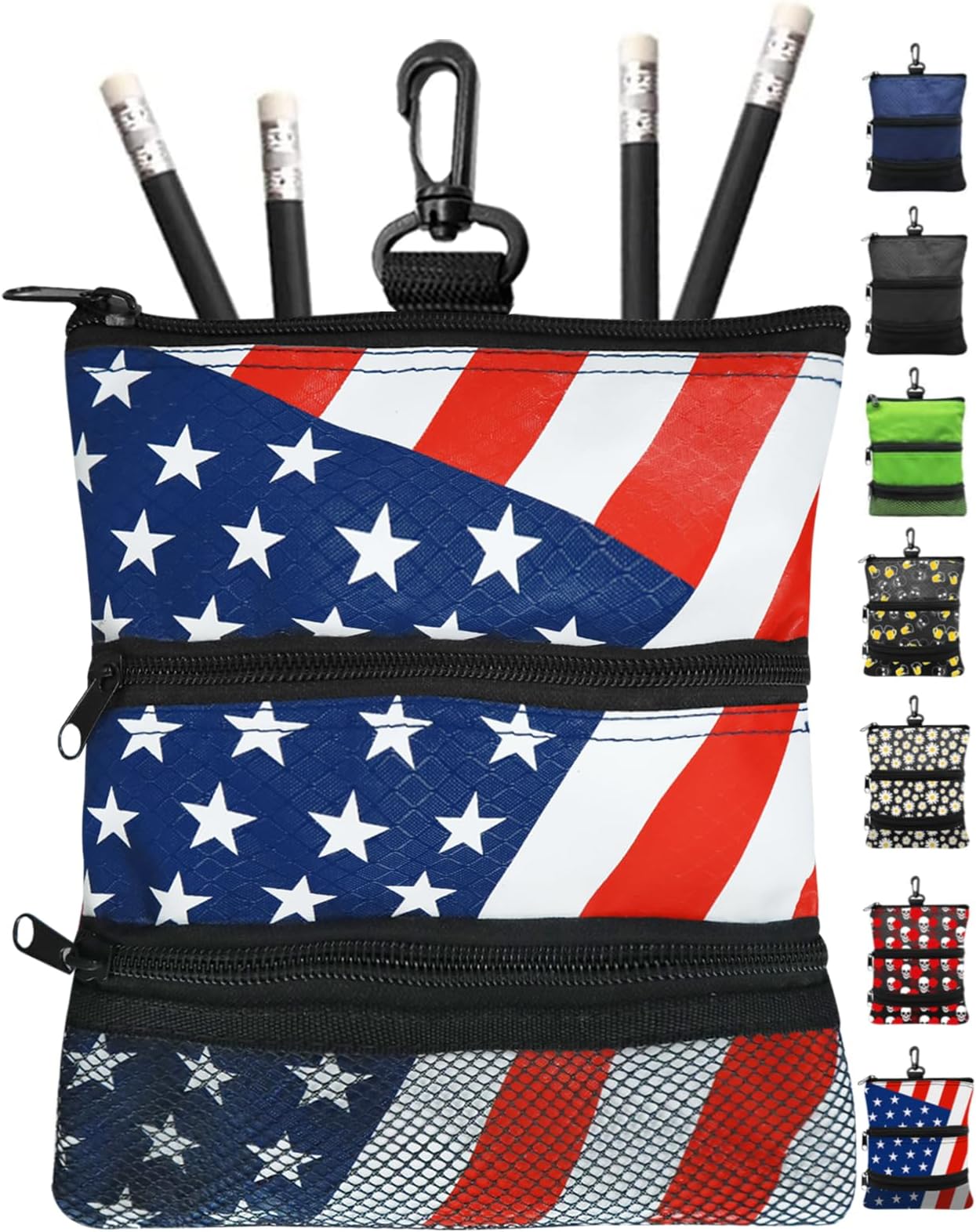 FINGER TENGolf Pouch Bag for Valuables Tee Color with 4 Golf Pencil Pack, Zippered Pocket Gear Clip Hook to Bag