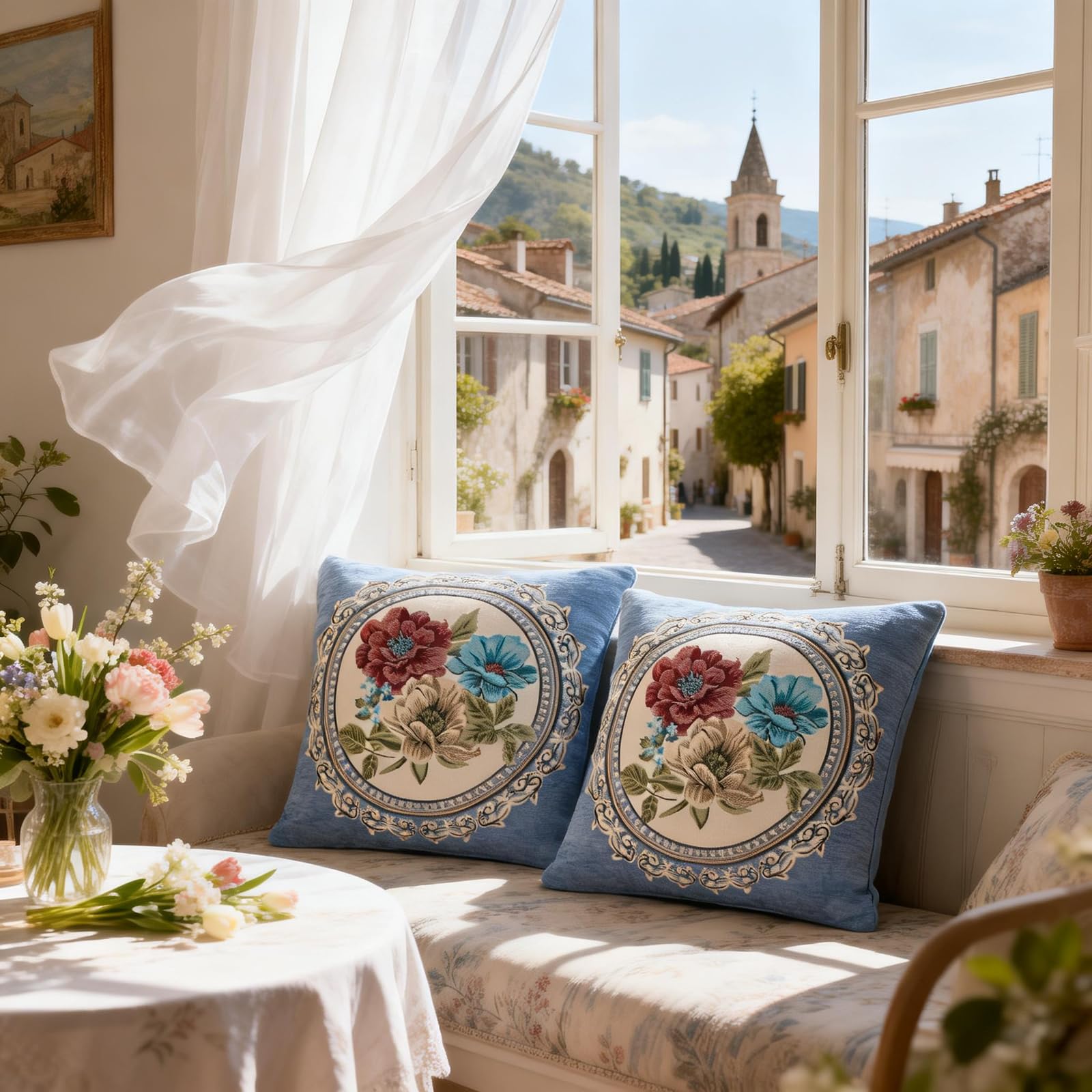Set di 2 federe per cuscini ricamate vintage, 45,7 x 45,7 cm, per soggiorno, motivo floreale, per divano (blu-1)