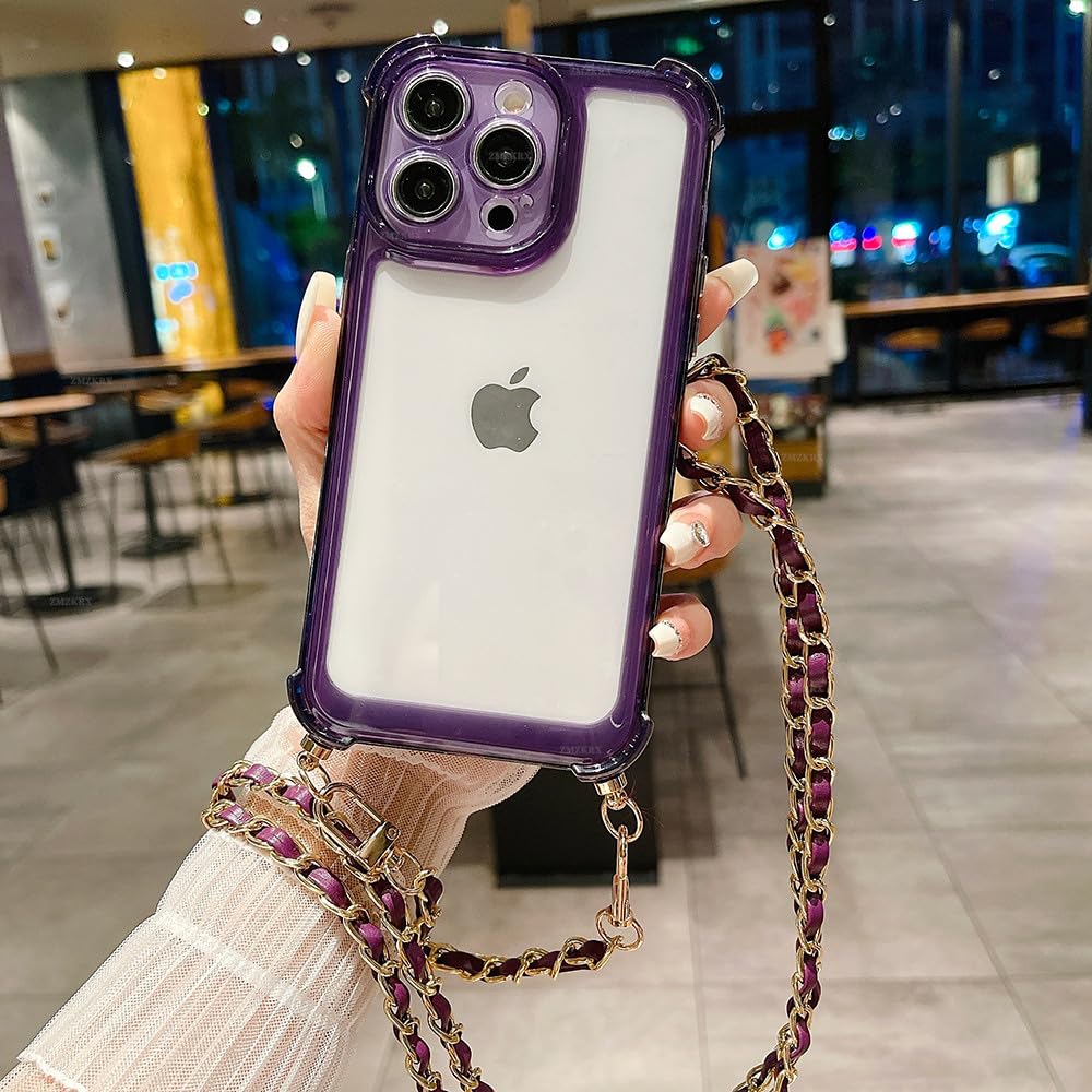 Odporny na wstrząsy silikonowy zderzak do iPhone'a 15 14 13 12 11 Pro Max X XR XS 7 8 Plus Crossbody smycz skórzany łańcuch, fioletowy, do 13Promax