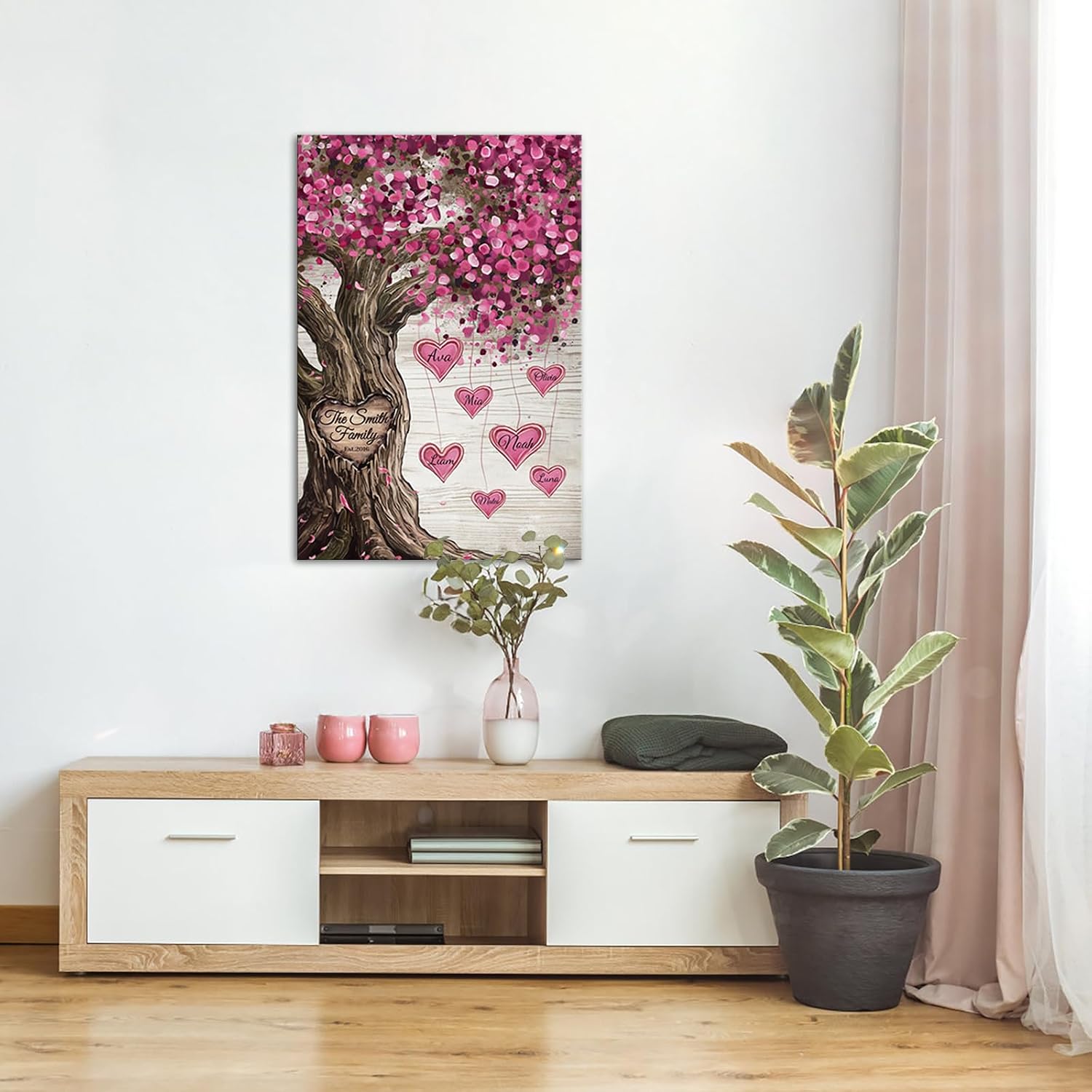 iLOOKLiKE Personalized Family Names With Tree Wall Art Decor - Customized Sign and Year Giclee Canvas Prints - Multi-Name Poster Painting Framed Gifts for Home Living Room - Pink