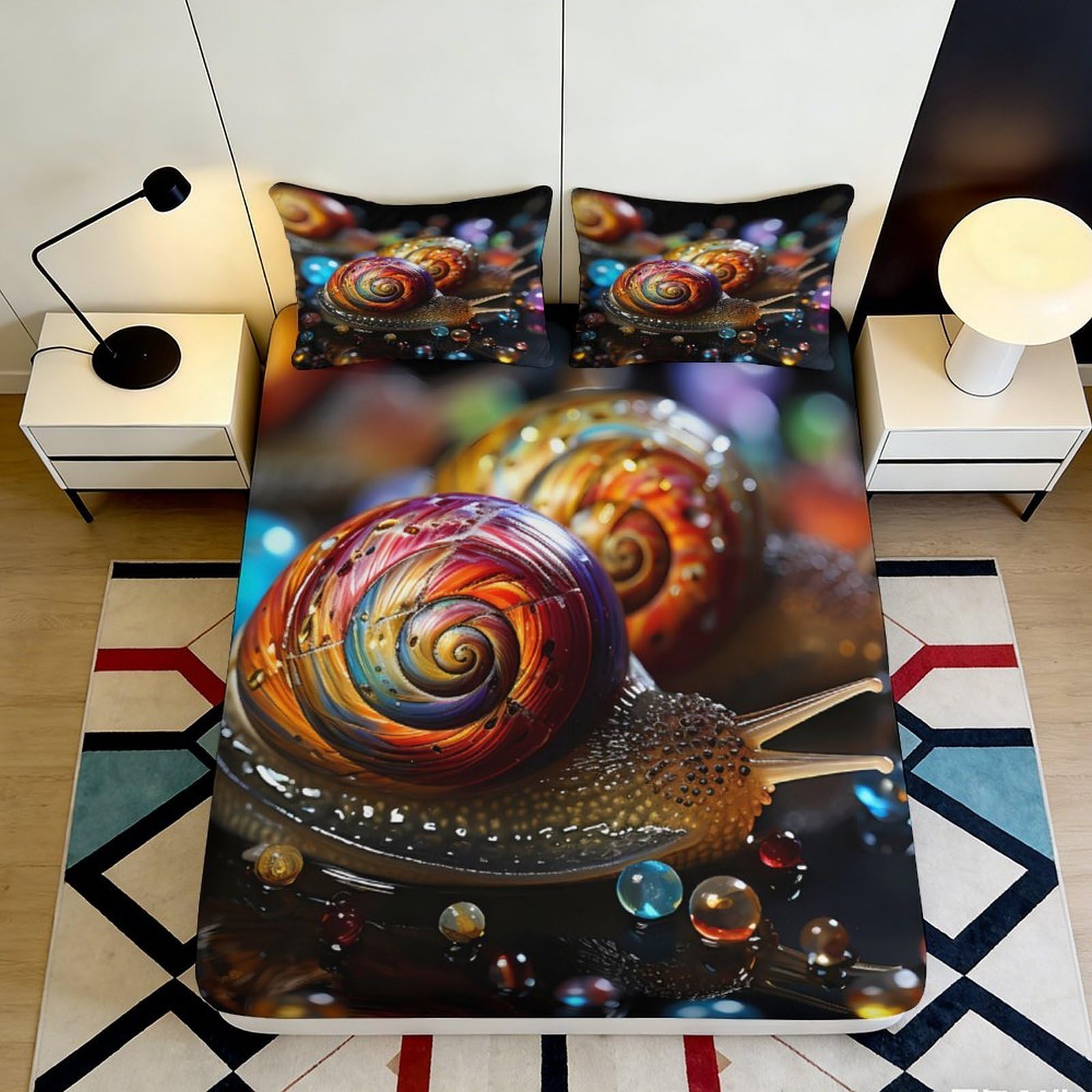 3D Printed Colorful Snail Fitted Sheet Microfiber Soft Anti-Slip Rainbow Bubble Mattress Cover for Bedroom Guest Room Decor 90x200x25cm