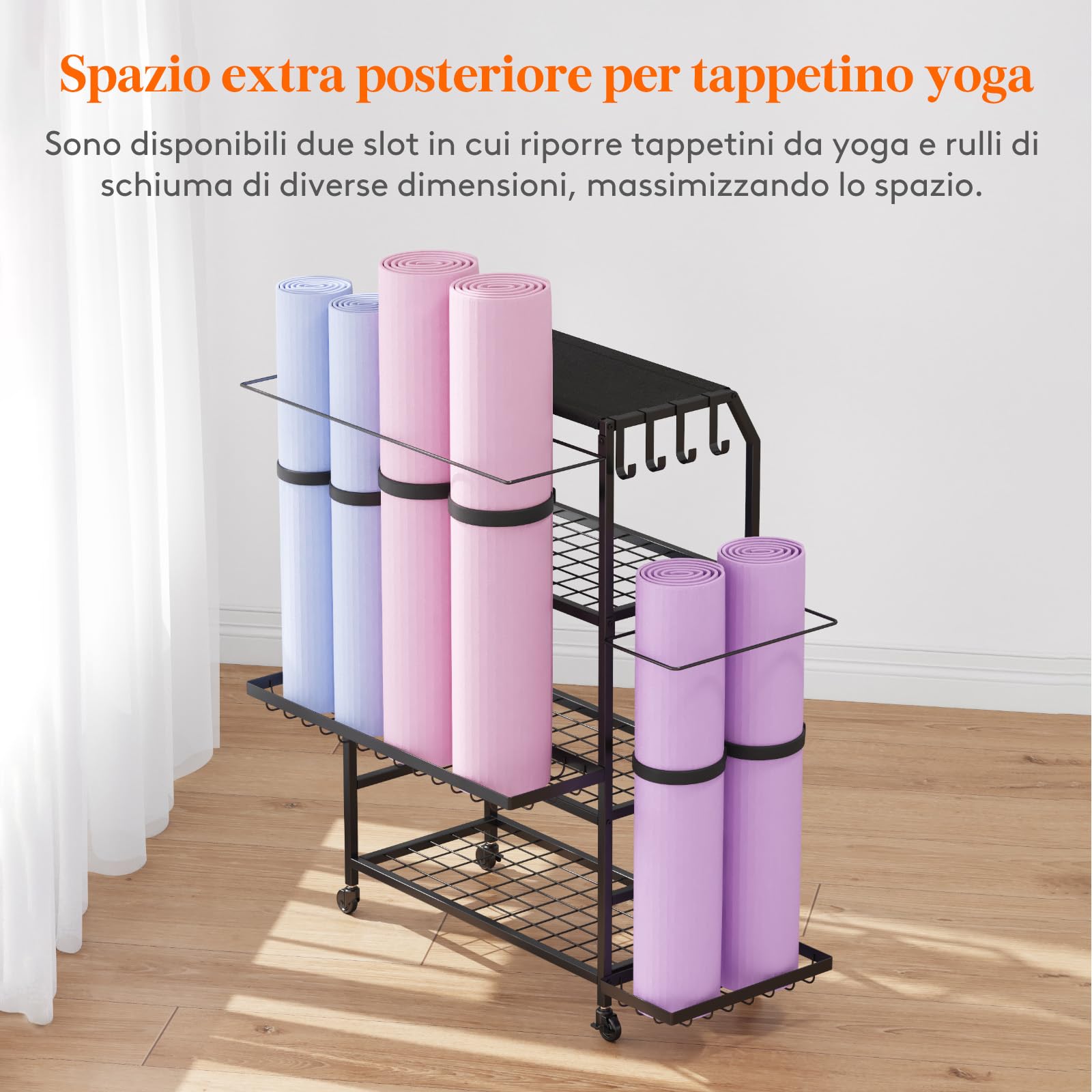 Lifewit Porta per Tappetino da Yoga con Ruote, Rack per Attrezzi da Allenarsi per Manubri, Kettlebells, Blocchi da Yoga, Rulli di Schiuma, Attrezzi da Pilates, per Casa, 98 cm di Altezza, Grande