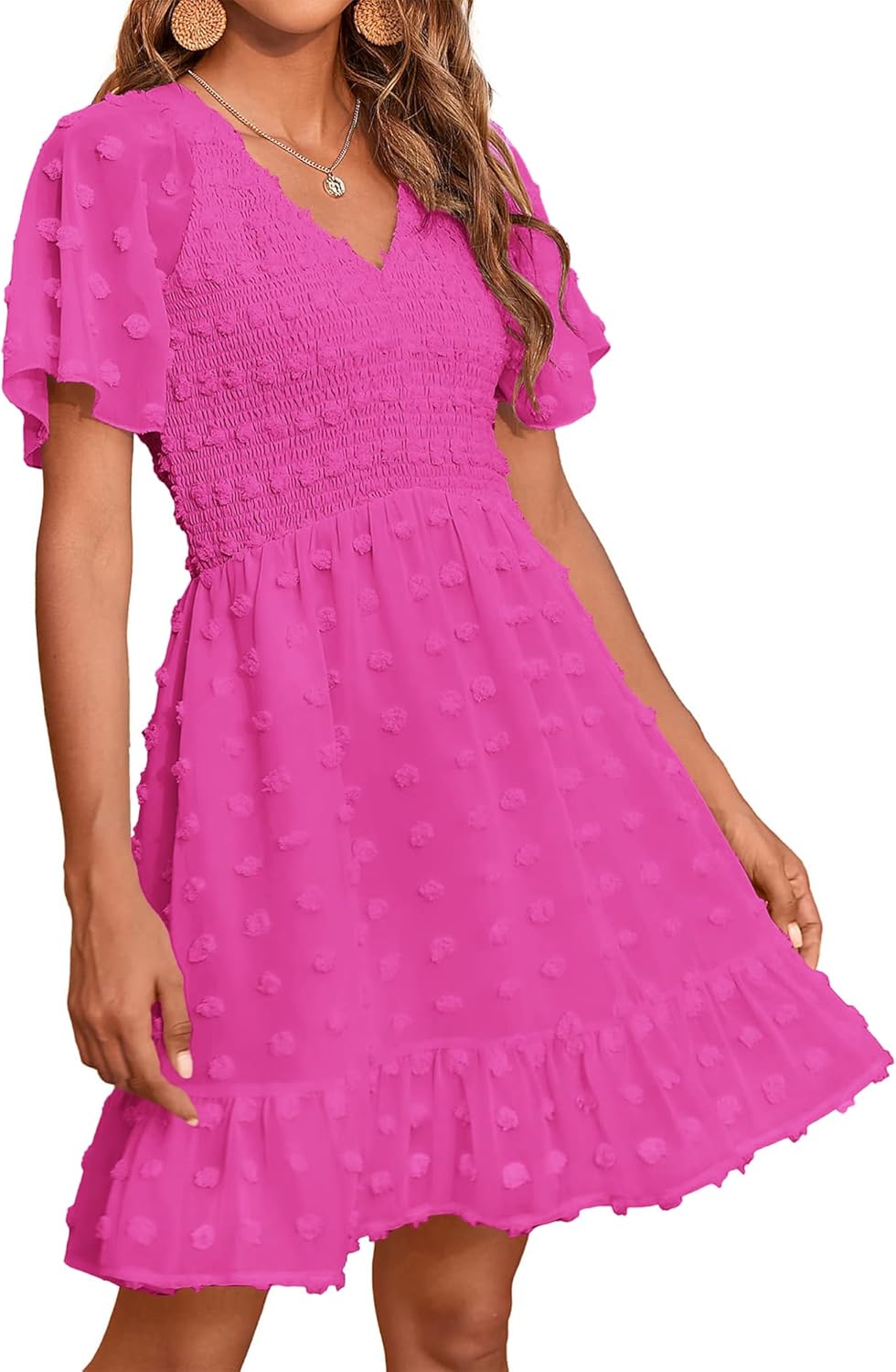 BTFBM Womens Beach Vacation Dress Summer 2025 V Neck Short Sleeve Smocked Swiss Dot Cute Ruffle Casual Fall Mini Dresses