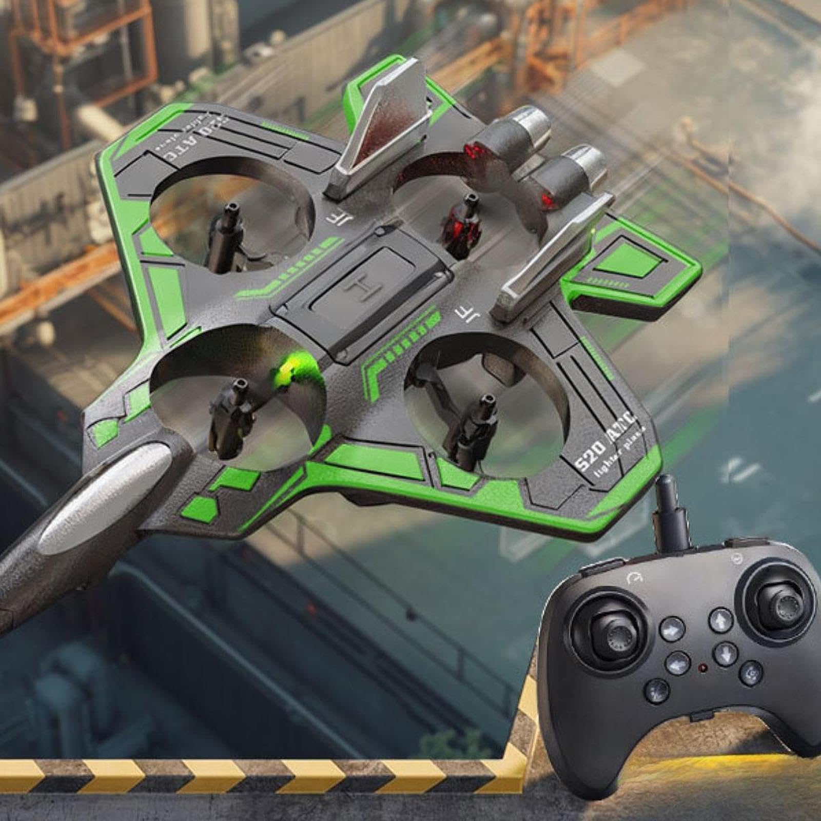 Aereo RC in Schiuma con Telecomando, Aeroplano con Rotazione a 360°, Giocattolo Volante per Esterni, Aereo RC da Combattimento con Luce per Bambini e, Verde 1 Batteria 300