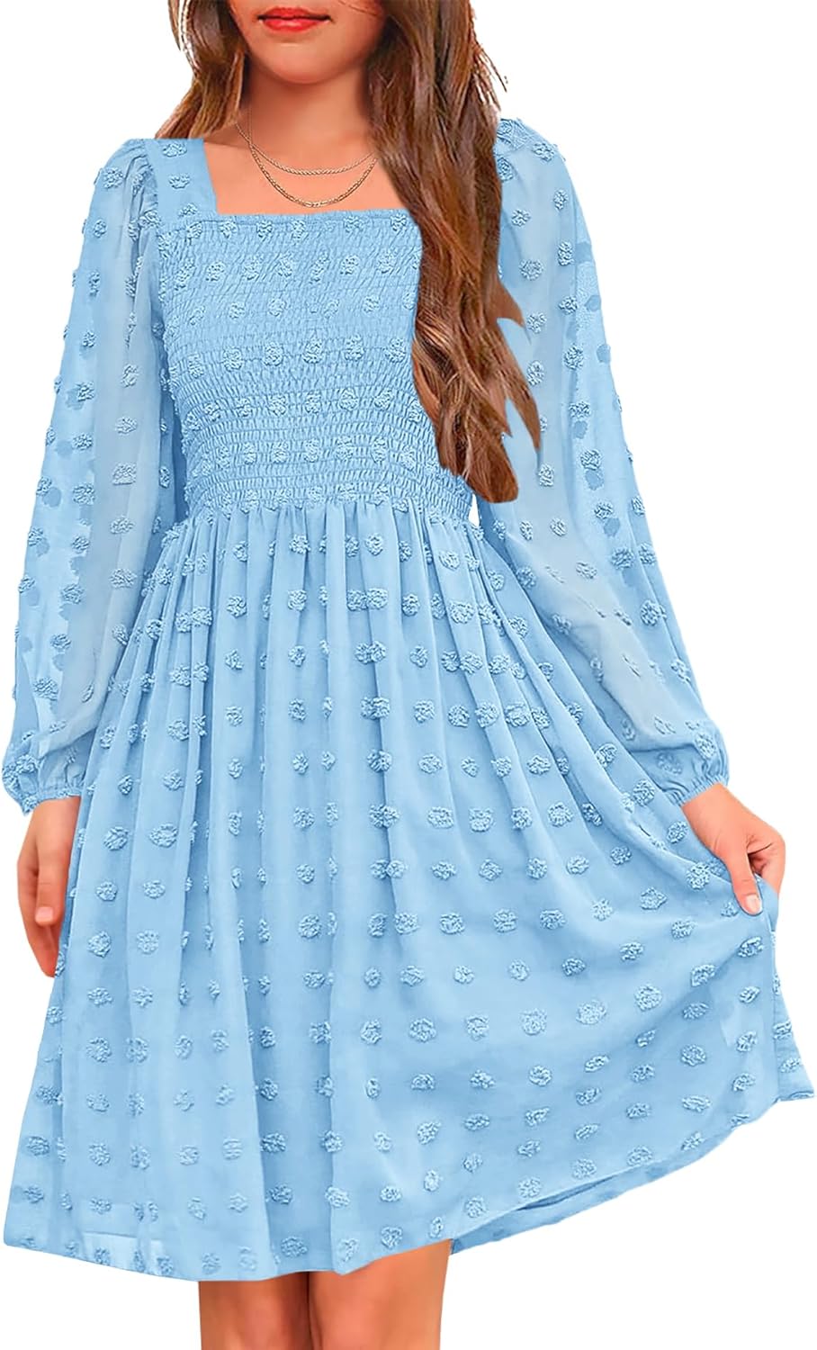 HOSIKA Girls Long Sleeve Dress Swiss Dot Square Neck Smocked Spring Dresses with Pockets 6-14 Years