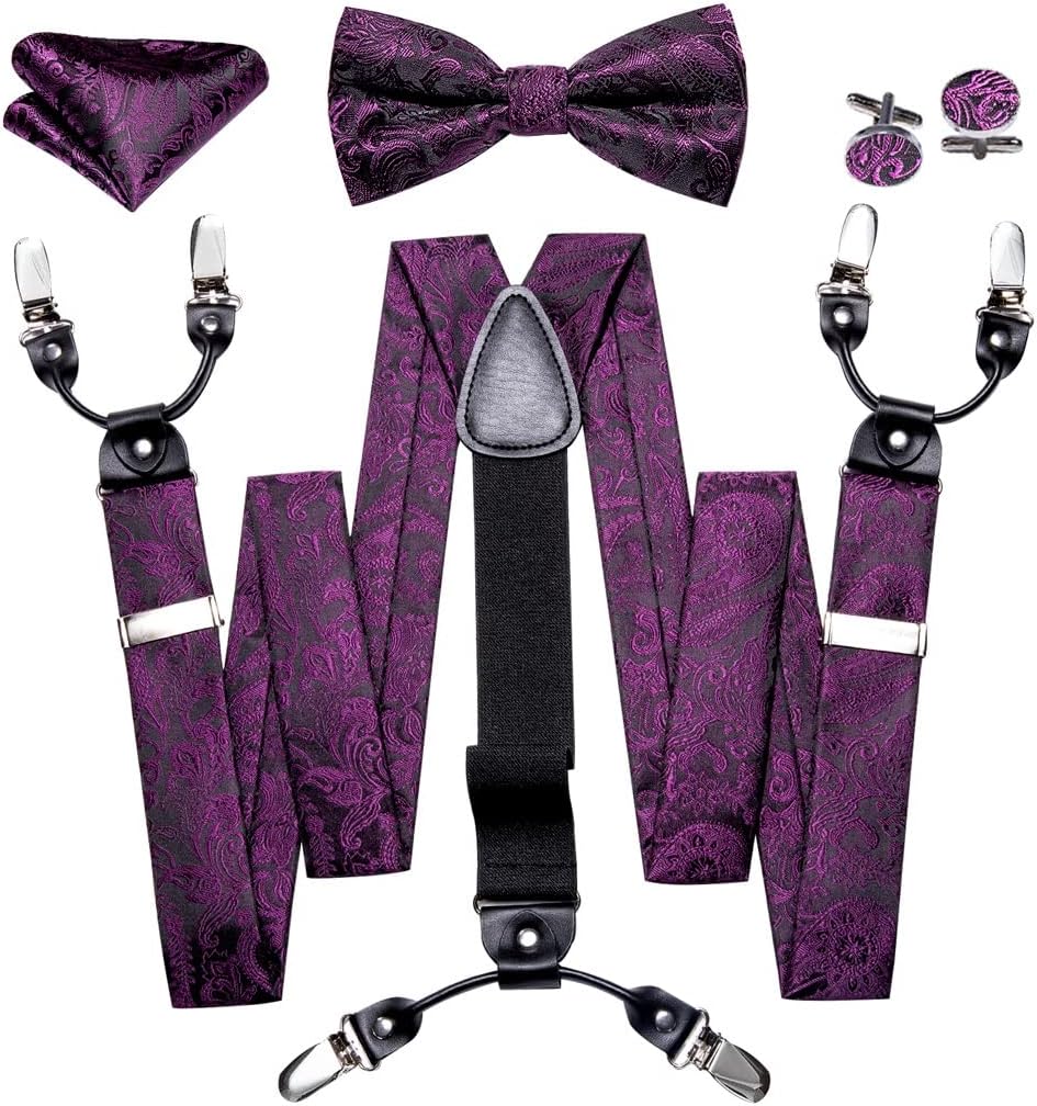 Adjustable Y Braces Pre-Tied Bow Tie Handkerchief Cufflinks Set Formal Suspenders for Men 6 Clips Strength