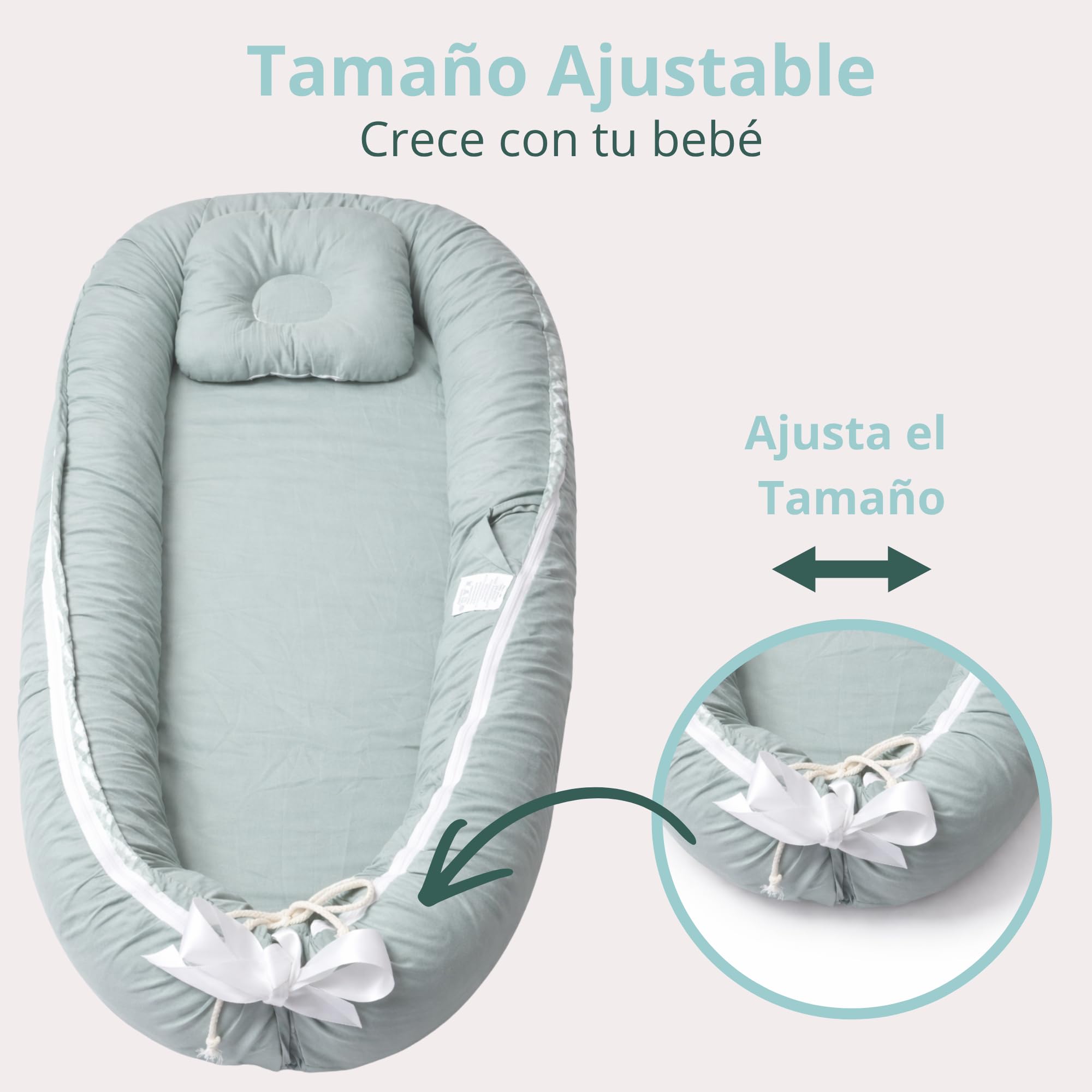 Reductor de Cuna Bebé 0 Meses Verde Pastel – Nido de Algodón con Almohada Protectora, Colchón Desmontable y Funda Lavable, Ideal para Colecho y Cuna
