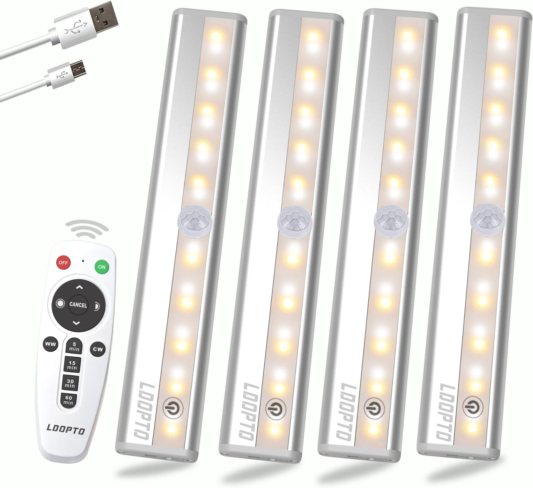 Under Cupboard Kitchen Lights with Remote, 20 LED Rechargeable Battery Operated Lights 4 Pack, Anywhere Stick-On Magnetic Night Light Bar for Cabinet, Closet, Wardrobe, Kitchen, Bedroom, 3 Colors