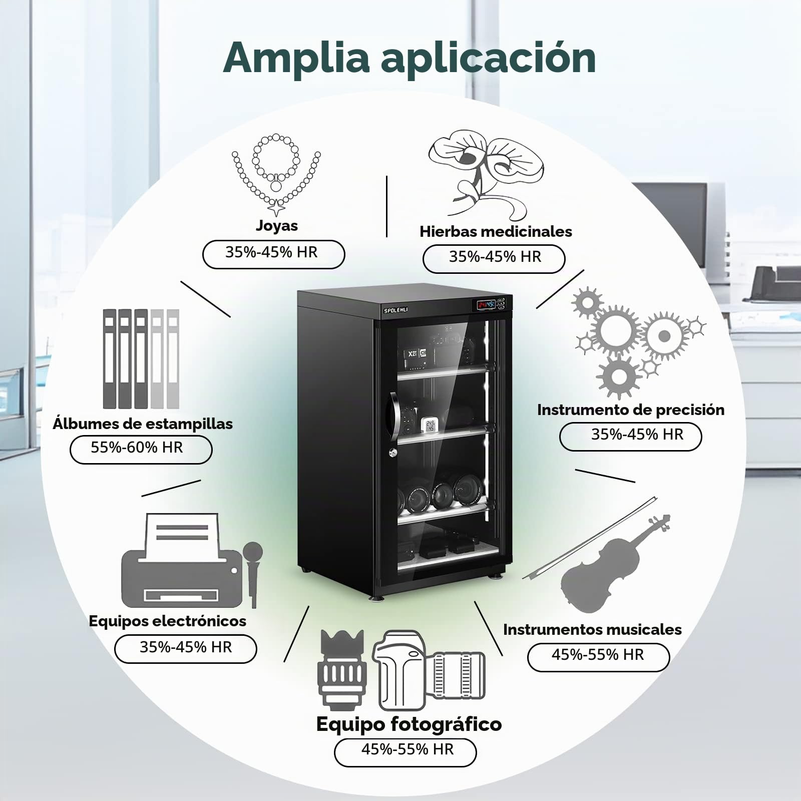 Gabinete Seco para Cámaras Lentes 105L Deshumidificador de Productos Electrónicos Armario a Prueba de Humedad con Luces LED