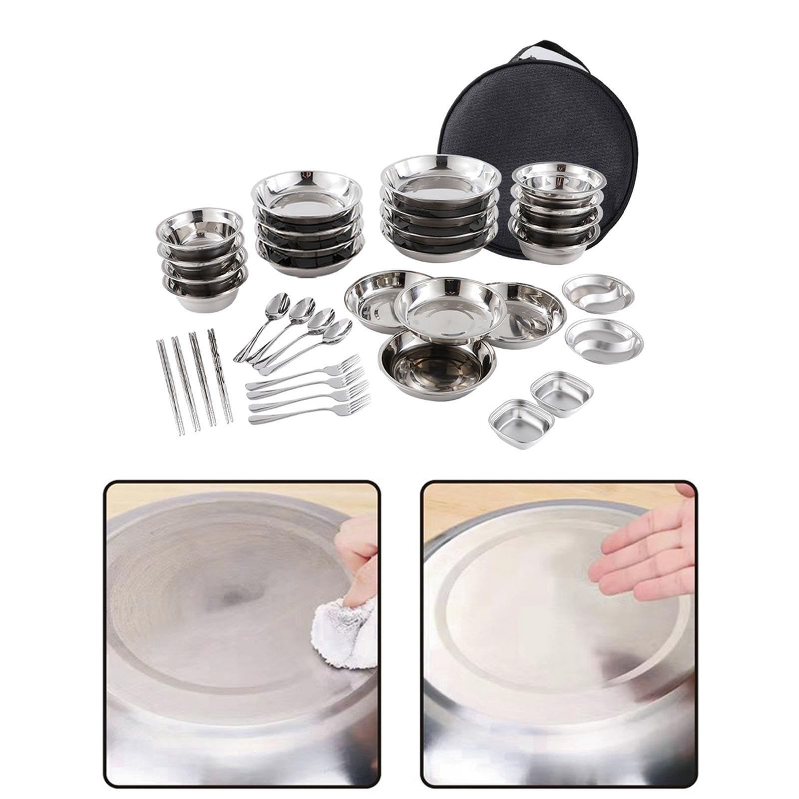 Juego de cocina portátil para exteriores, platos y cuencos de acero inoxidable, utensilios de camping para una limpieza fácil, juego de cubiertos, 36 piezas