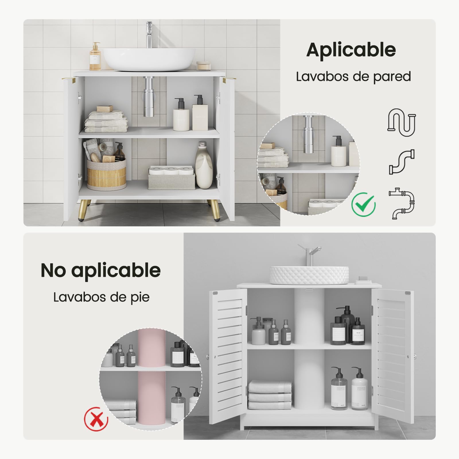 EUGAD Armario Bajo Lavabo de Baño Blanco, Mueble Armario con Orificio Sifón 12,5x18,5 cm, 60x30x60 cm