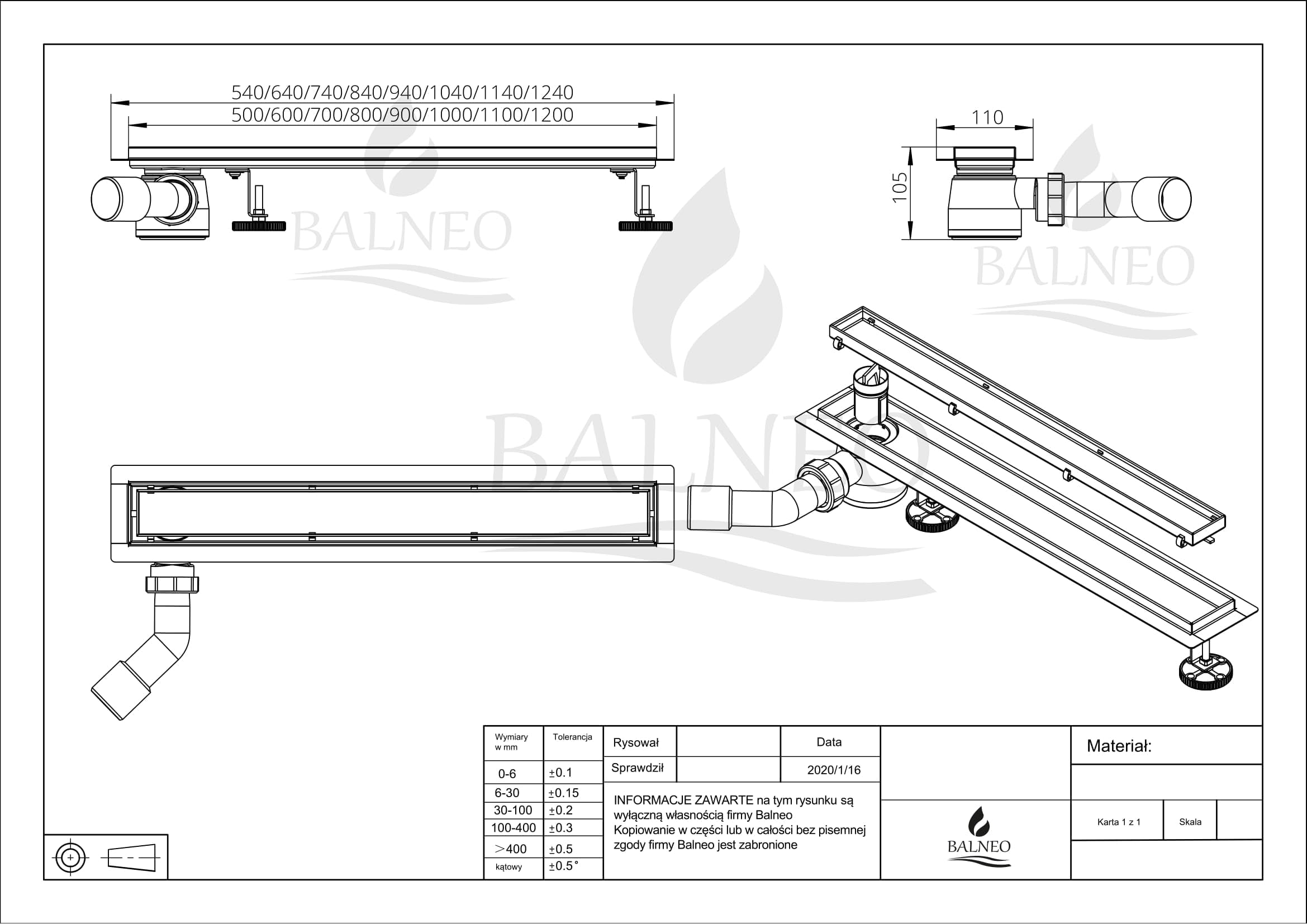 Scarico Doccia, Canaletta di Scarico 50cm in Acciaio Inox, con Sifone Laterale, Set Completo, Scarico Doccia su Entrambi i Lati con Pannello o Sotto Piastra, Scarico Laterale 2in1