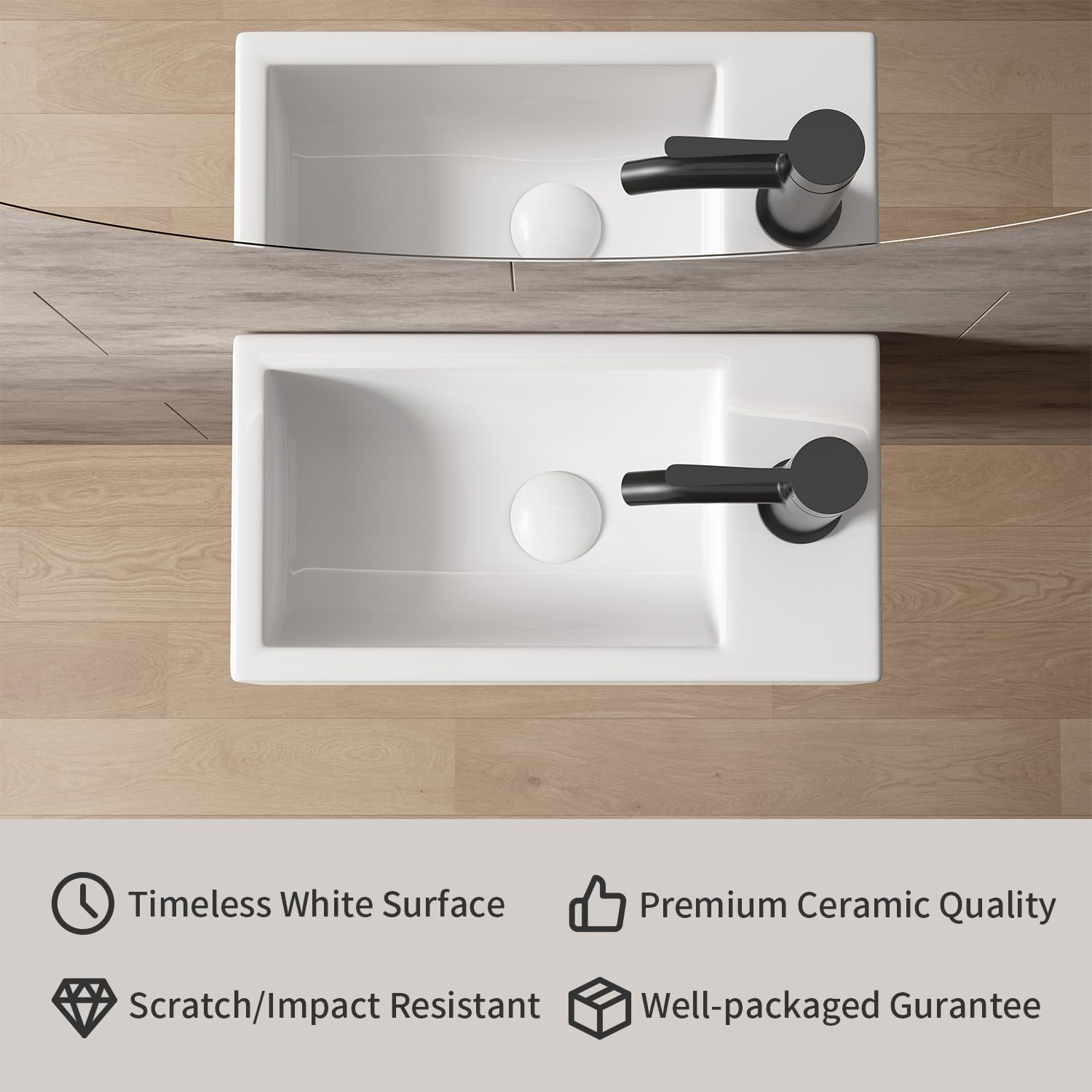 Fregadero rectangular de porcelana blanca de 18 x 10 pulgadas, montaje en pared, moderno, fregadero de baño pequeño, 17.7 pulgadas de ancho x 9.6 pulgadas de profundidad 7