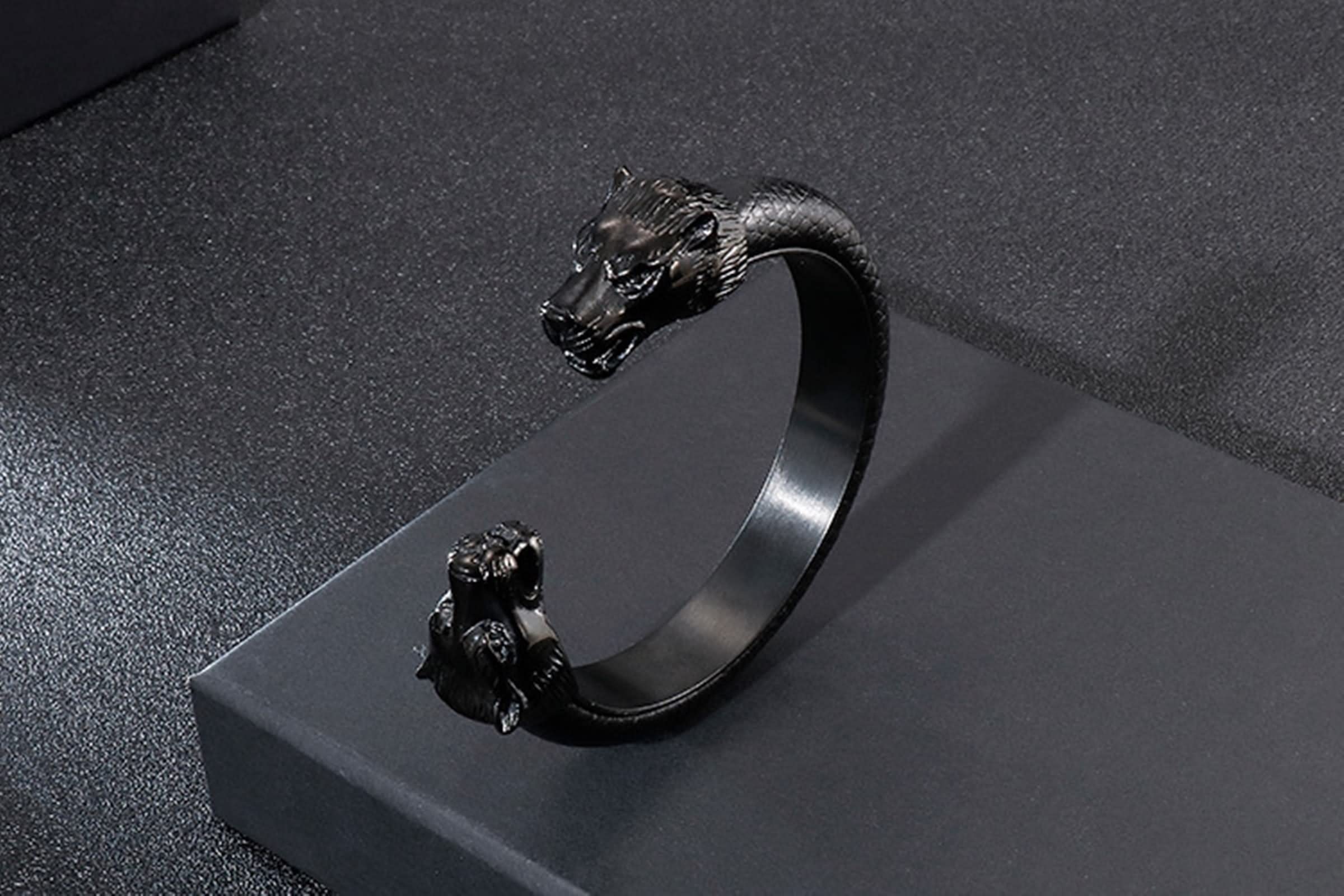 Bracelet en cuir vintage pour homme, bracelet en cuir double tête de loup pour lui et elle, Acier inoxydable