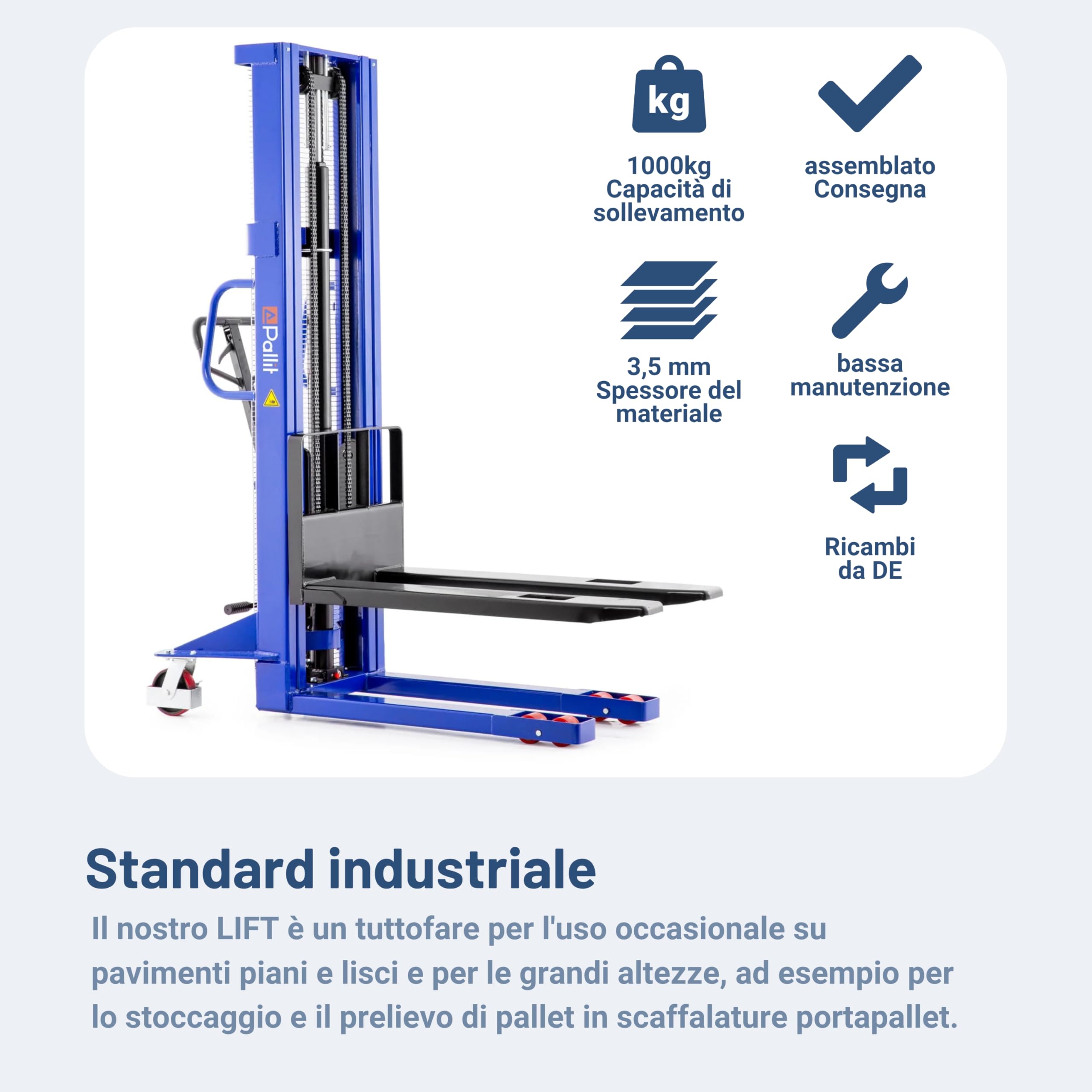 Pallit Carrello elevatore LIFT-XXL | altezza disollevamento 3000 mm | portata 1000 kg | ruote in PU | sollevatore