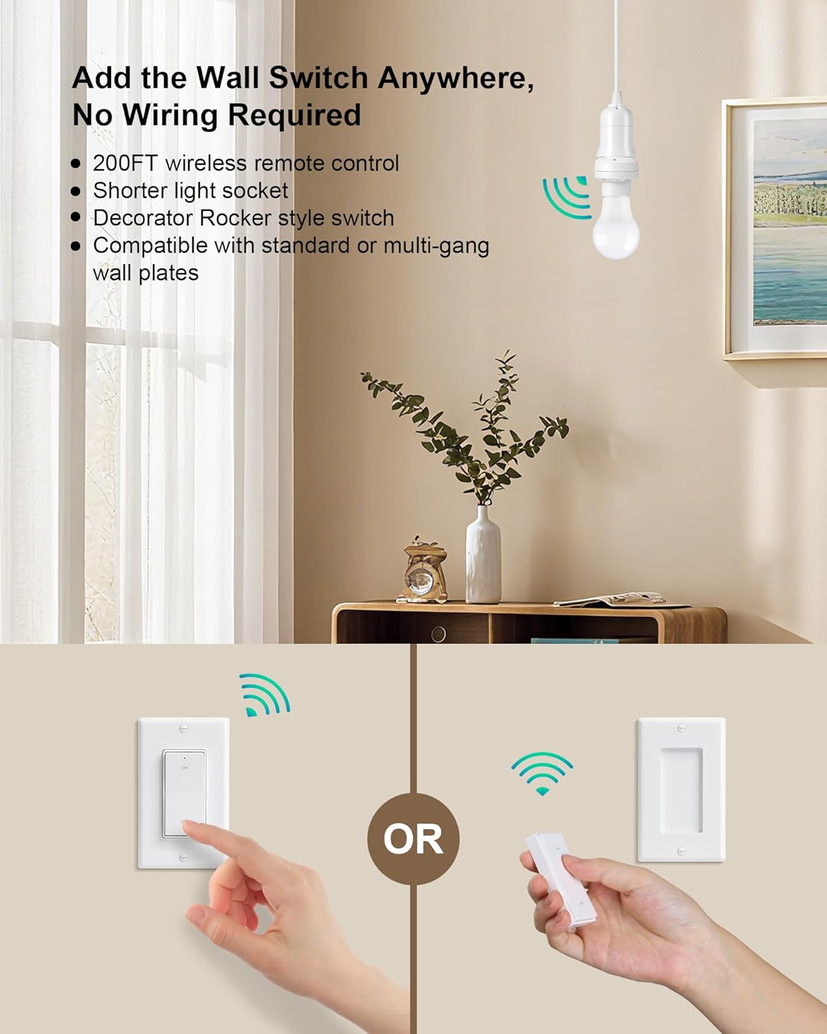 Remote Control Light Bulb Socket, Decorator Rocker Wall Switch, 200FT Range Wireless Light Switch for Pull Chain Light Fixture, E26 E27 Lamp Socket, No Wiring Needed, FCC Listed