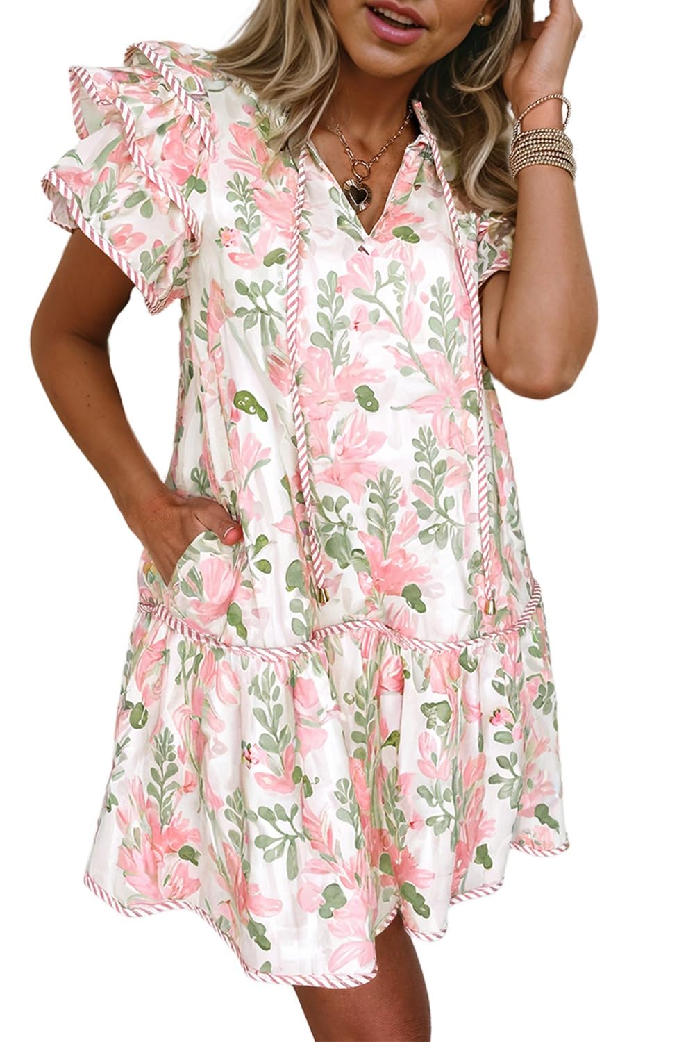 Apvirdy Women's Summer Floral Print Dress Contrast Edge Layered Short Sleeve Dresses Lace Up V Neck Ruffled Mini Dress