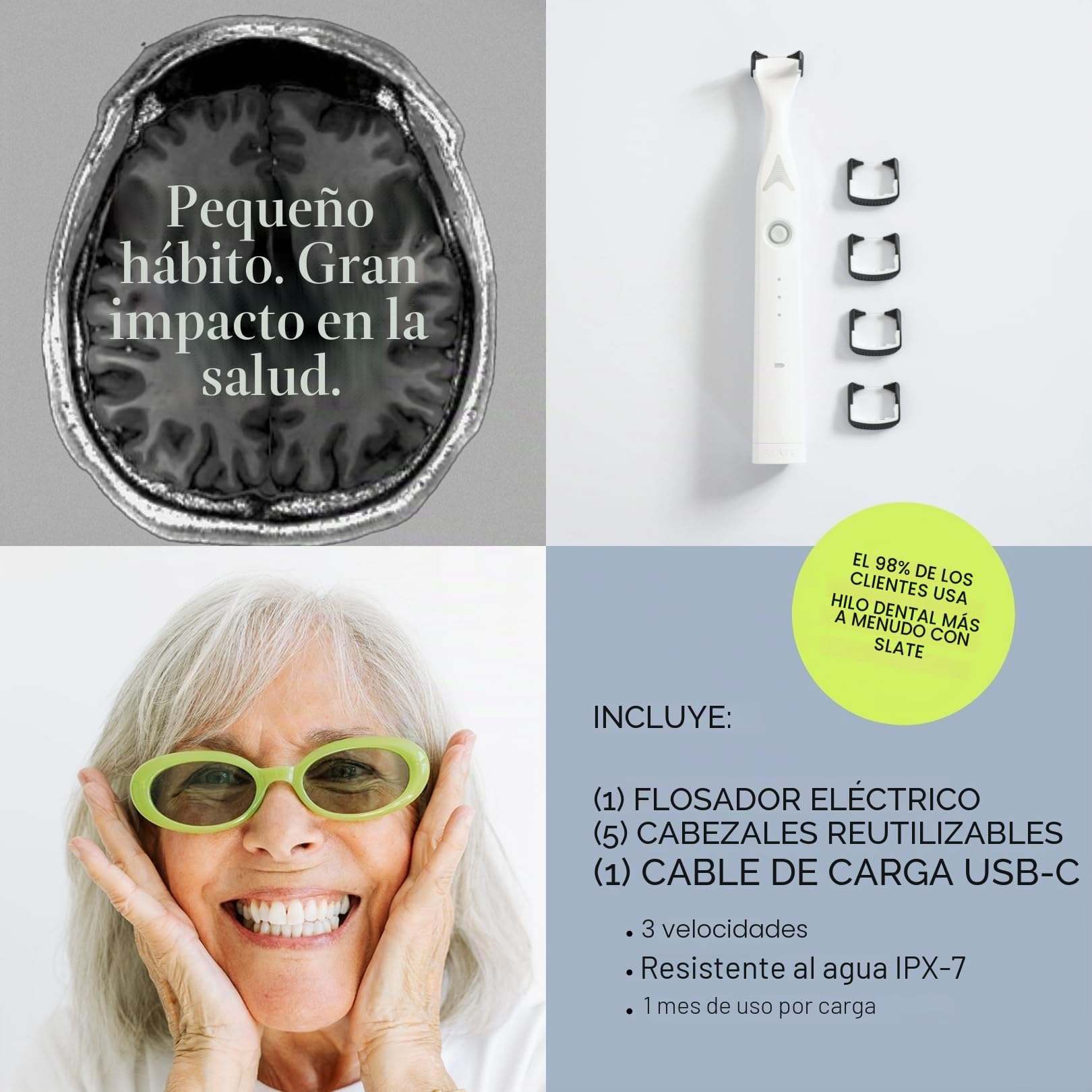 SLATE Hilo dental eléctrico | Hilo dental de lujo para dientes con 3 velocidades - Inventado por dentistas | Hilo dental reutilizable no tóxico, raspador de lengua y cuidado de las encías