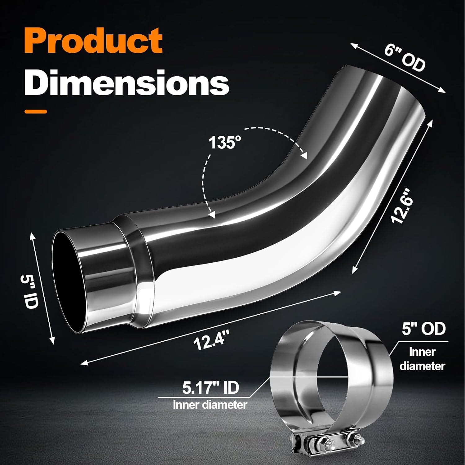 5 to 6 Inch Exhaust Elbow Tip - Alloy Steel Mandrel Bent - Polished Silver with Steel Clamp