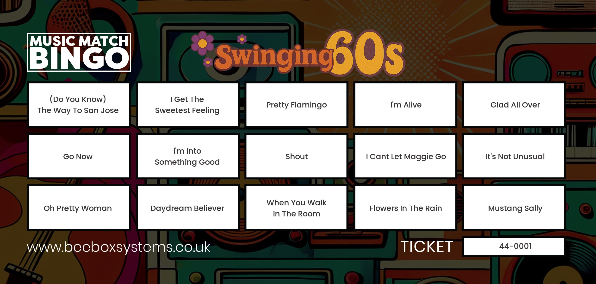 BeeBox Music Match Bingo Game Tickets, 120 Tickets Per Pack (Swinging 60s) - Image 2