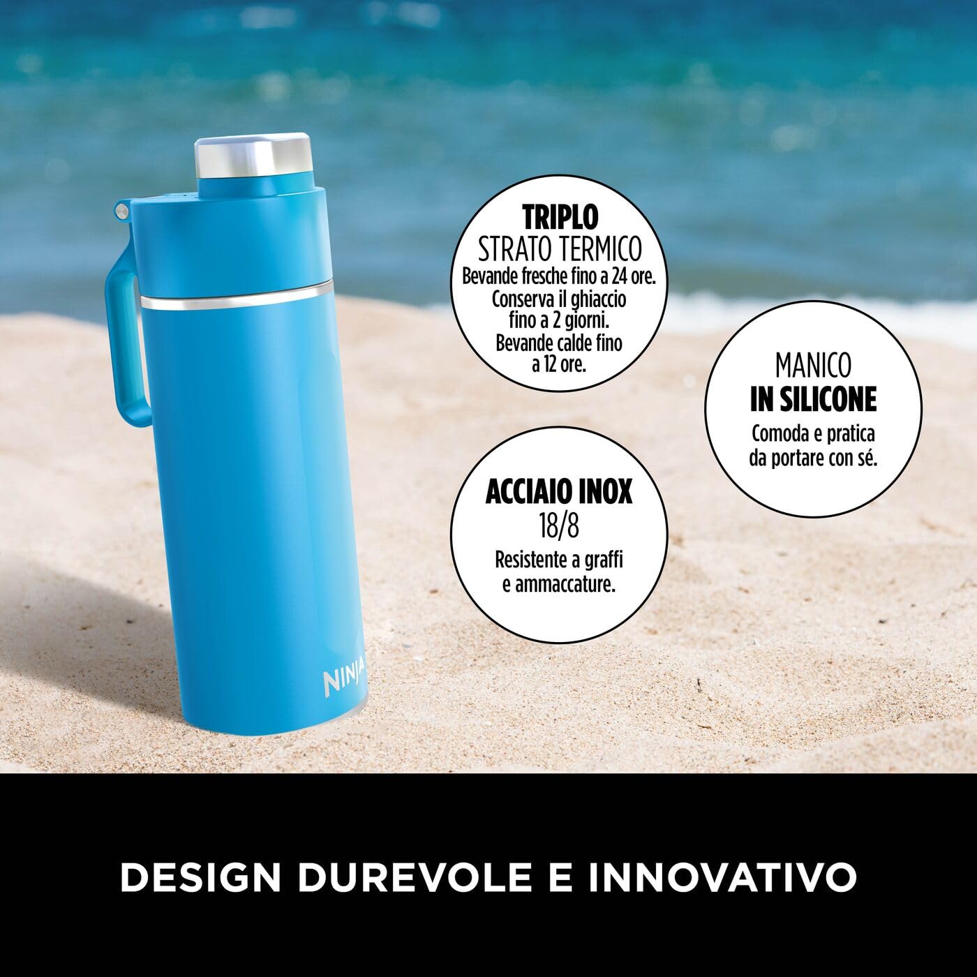 Ninja Thirsti Borraccia Termica 530ml con Tappo Antigoccia, Progettata per Bevande Gassate, Calde e Fredde, per Viaggi e Sport, Triplo Isolamento Termico, Acciaio Inox, Blu tropicale, DW1801EUUKSB