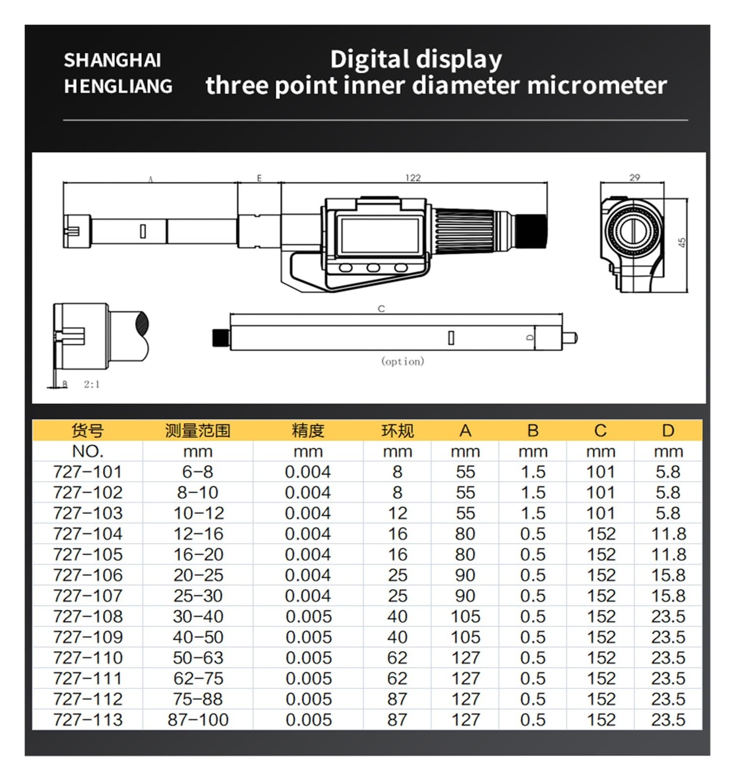 Mikrometr cyfrowy ze stali nierdzewnej o średnicy wewnętrznej. Dokładność 0,001 mm. 3-punktowy mikrometr wewnętrzny Dokładny(87-100mm)