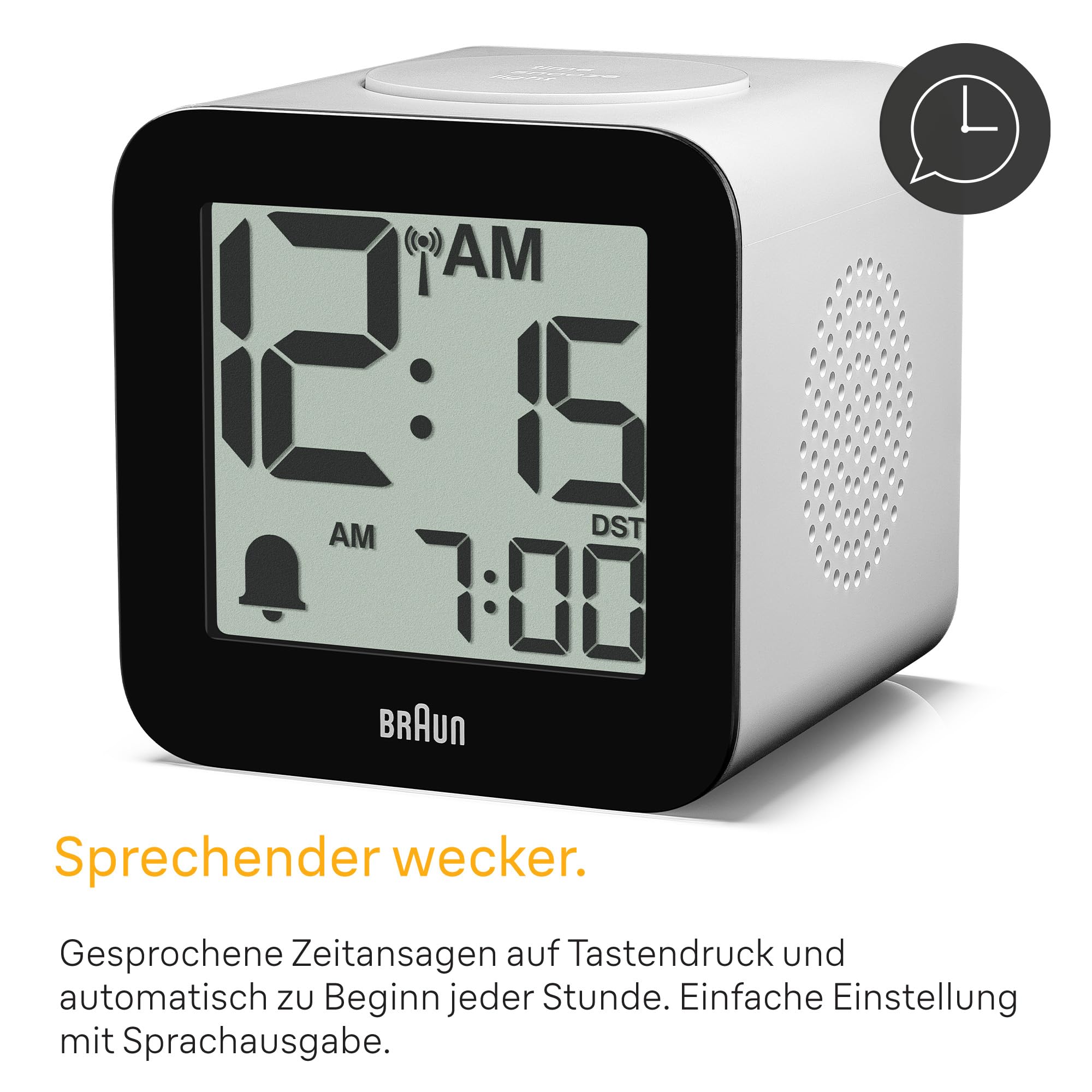 Braun digitaler funkgesteuerter Wecker für mitteleuropäische Zeitzone (DCF) mit Sprachausgabe, Schlummerfunktion, positiver LCD-Anzeige, ansteigendem Signalton in Weiß, Modell BC25WP-DCF