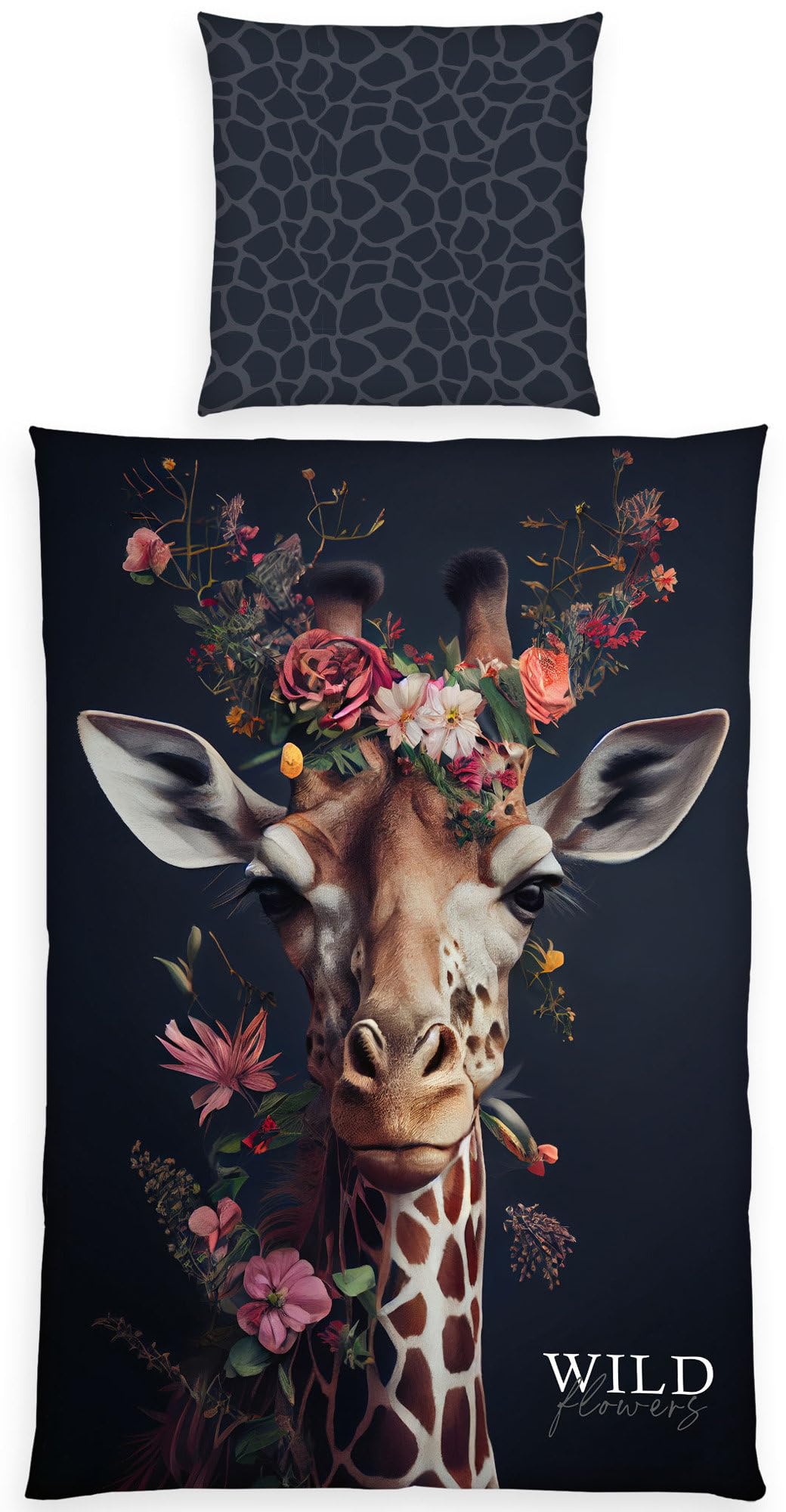 Herding Wild Flowers Giraffe Bed Linen, Pillowcase Approx. 80 x 80 cm, Duvet Cover Approx. 135 x 200 cm, with Zip, 100% Cotton