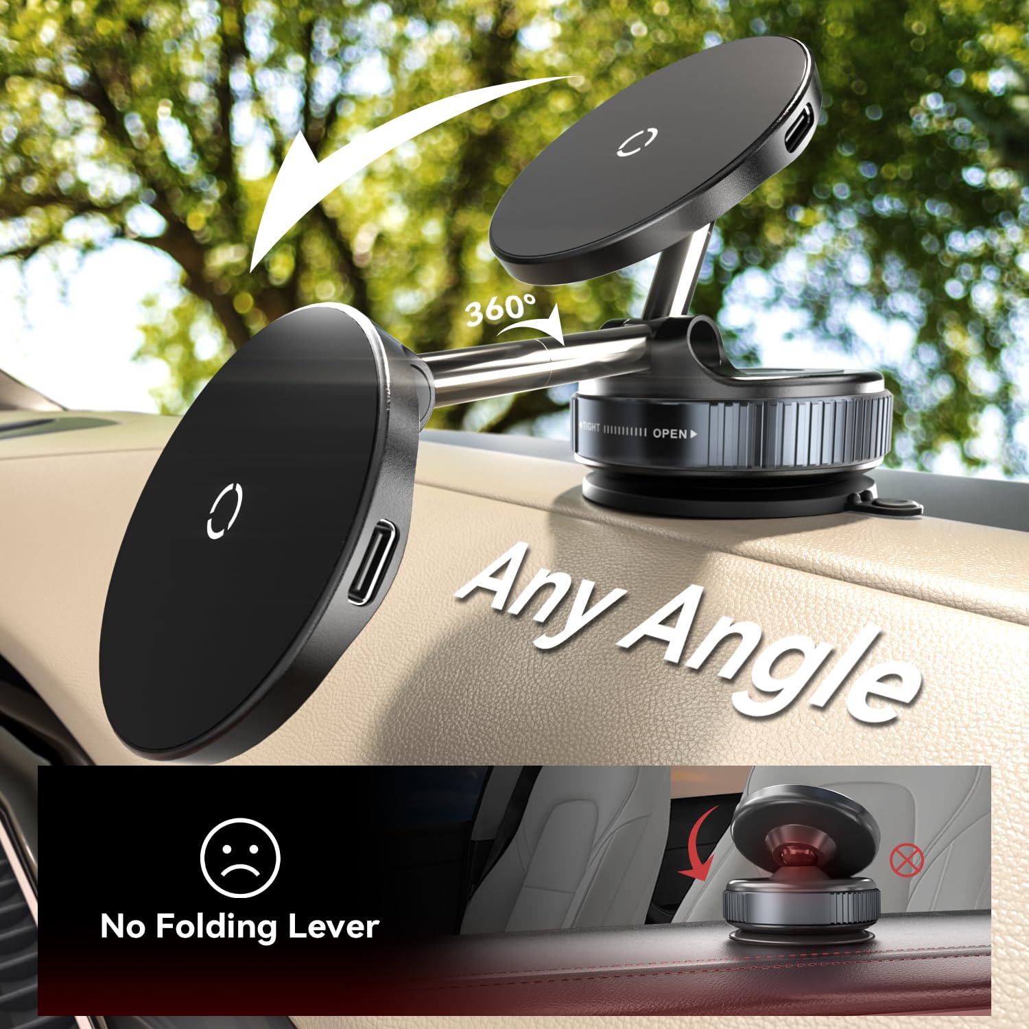 ALAFLY Supporto Auto Magnetico 15W – Ricarica Wireless, Ventosa 360° Pieghevole, Per MagSafe IPhone E Android