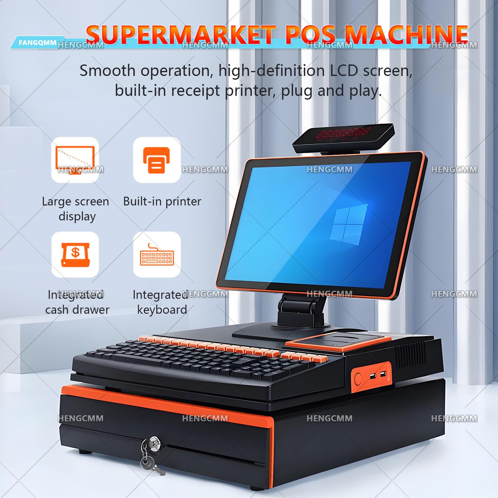 Pack Caisse Enregistreuse Tactile pour Petit Commerce, écran Tactile 15,6 Pouces, CPU I5, 8 GB RAM, 128 GB SSD, Windows 10, Imprimante, Tiroir-Caisse, Lecteur de Codes-Barres Orange
