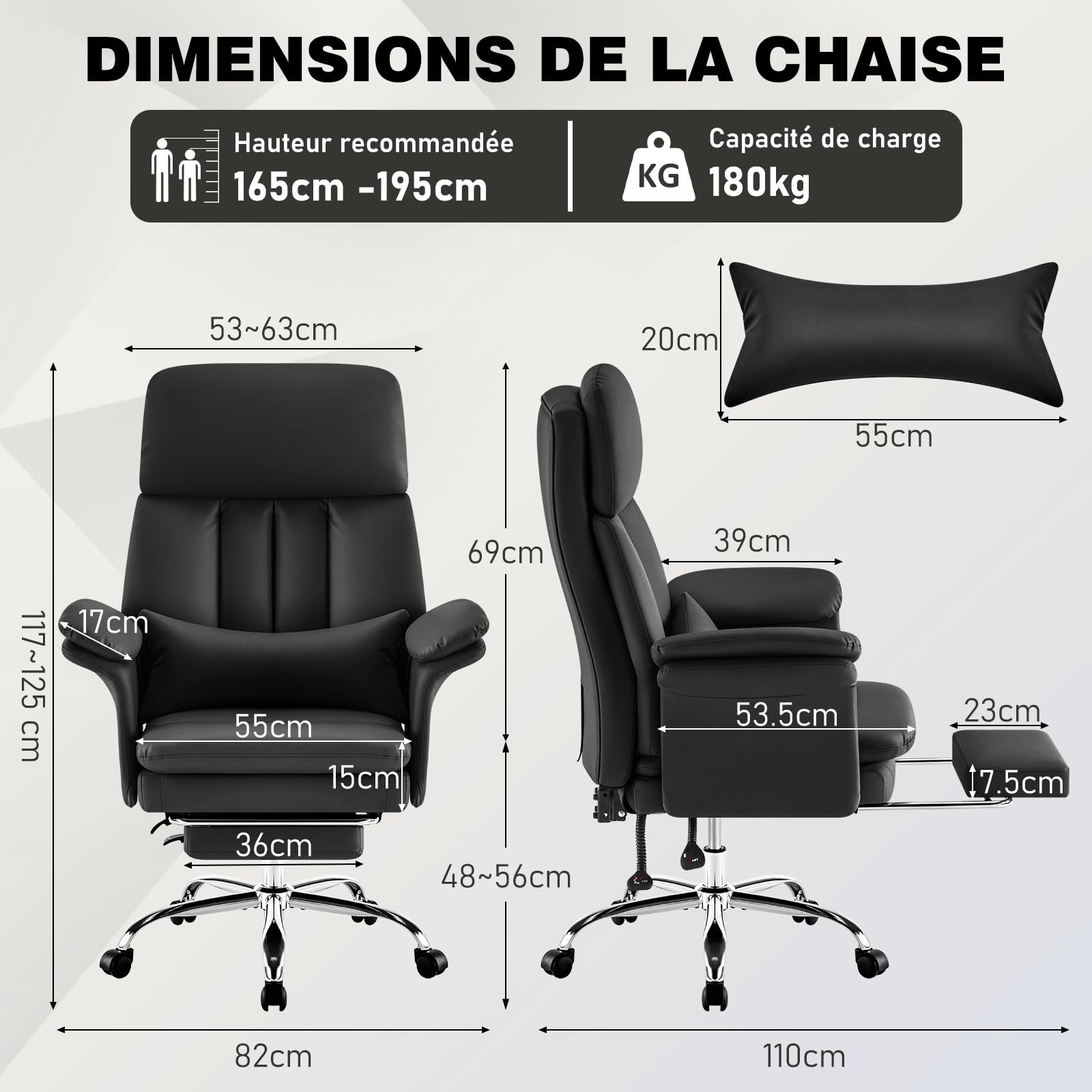 Hellove Fauteuil de Bureau avec Soutien Lombaire Précis, Chaise Ergonomique en Cuir PU avec Repose-Pieds (200kg), Dossier Haut Inclinaison 135°, Fauteuil Direction Pivotant pour Home Office, Noir