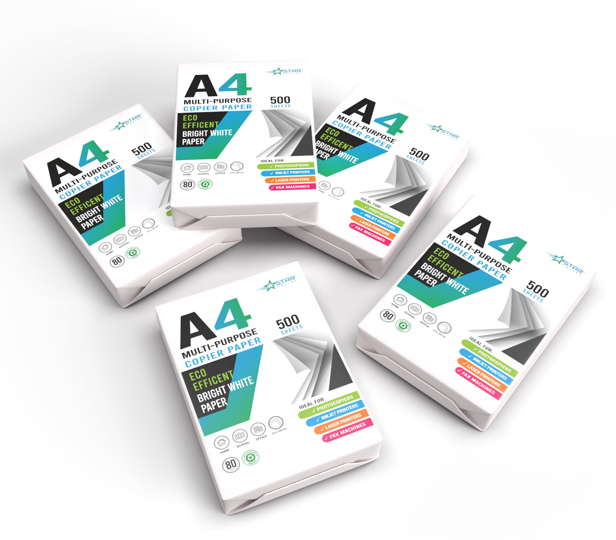 Multi-Purpose A4 Paper Office Bright White Printer Copier Paper 5 Reams (2500 Sheets) 80gsm Multifunction Laser Inkjet Paper (5 Reams)