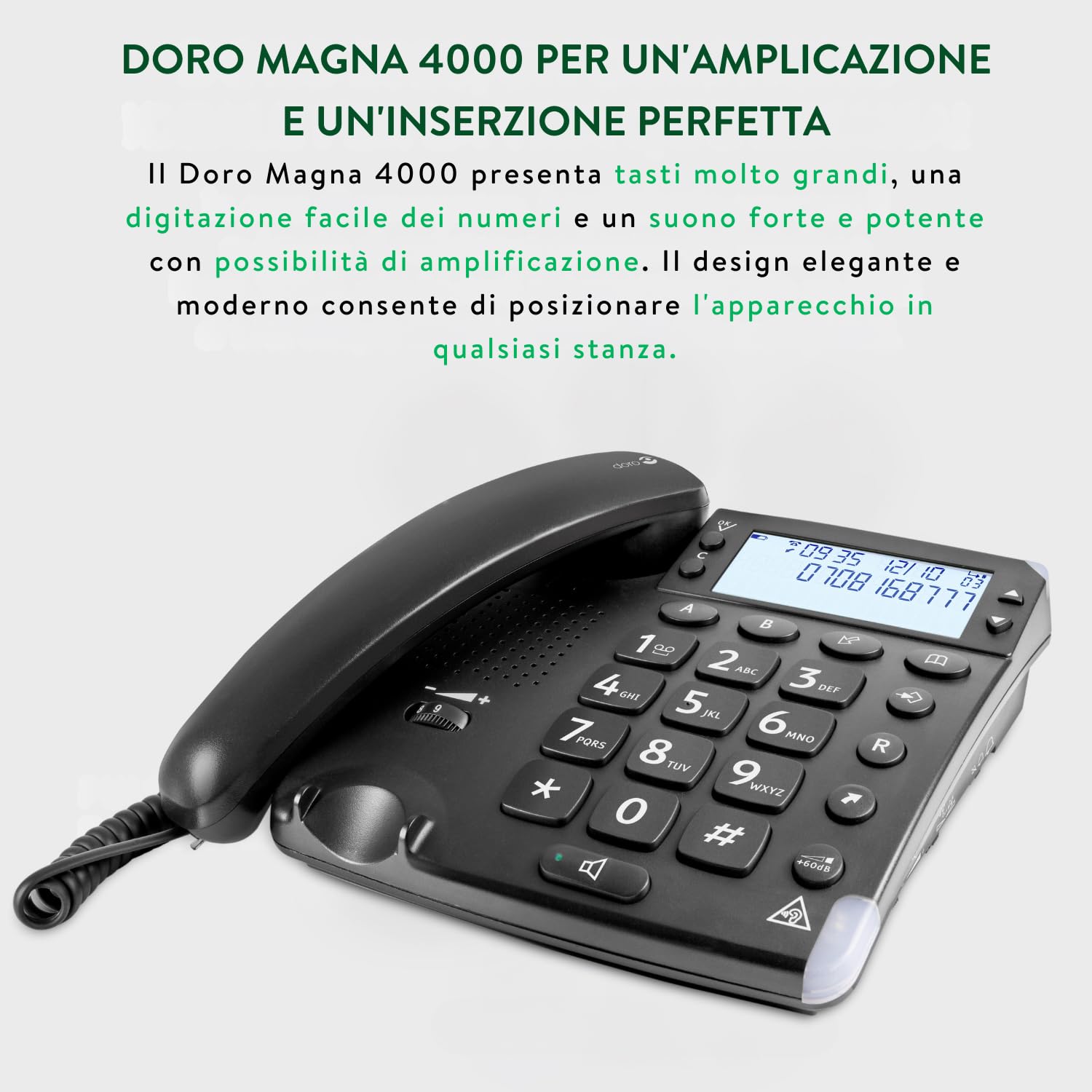 Doro Magna 4000 Telefono Fisso Casa per Anziani - Cornetta - Tasti Grandi - Volume Alto - Display - Compatibile Apparecchi Acustici - LED Chiamate - Vivavoce - No Segreteria (Nero)