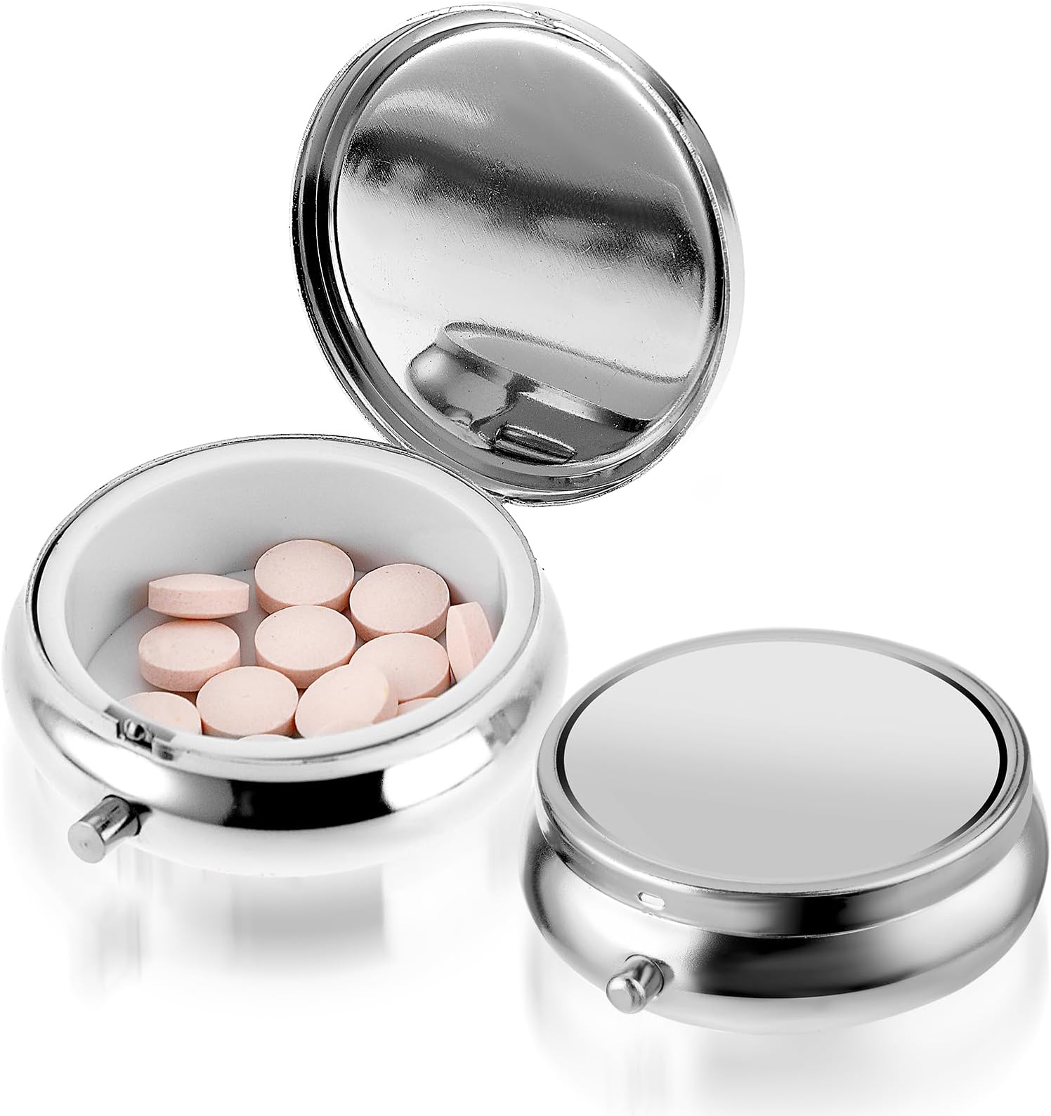 WLLHYF Pill Box Cute Small Pill Box for Purse & Pocket Medicine Organizer Travel Pillbox Waterproof Pill Case Metal Pill Container Holder for Vitamins, Fish Oil, Supplements(Silver)