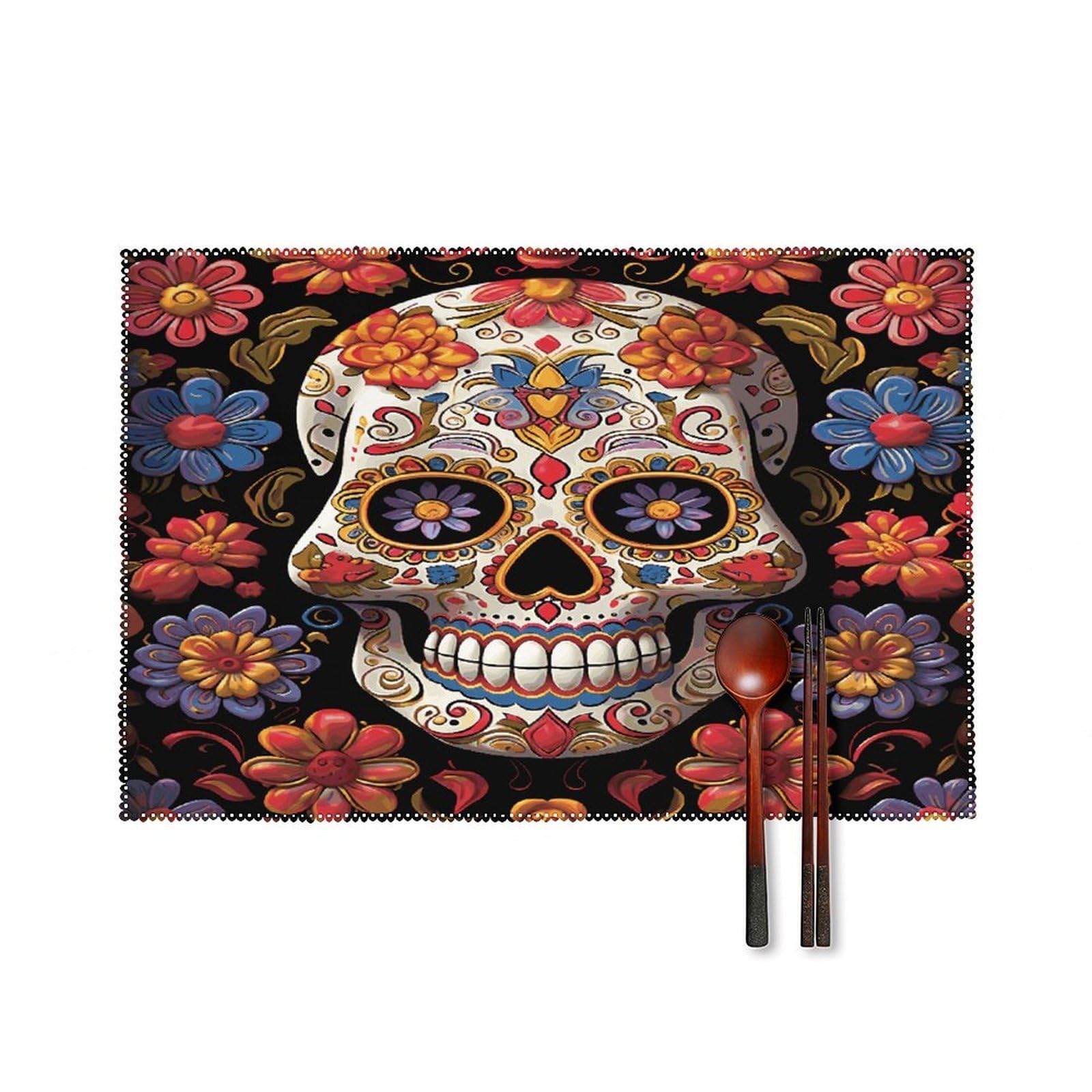 Sugar Skulls Placemats Set of 4 Heat Resistant Non-Slip Place Mats Wipeable Easy to Clean Table Mats for Kitchen Dining Party Outdoor Placemats