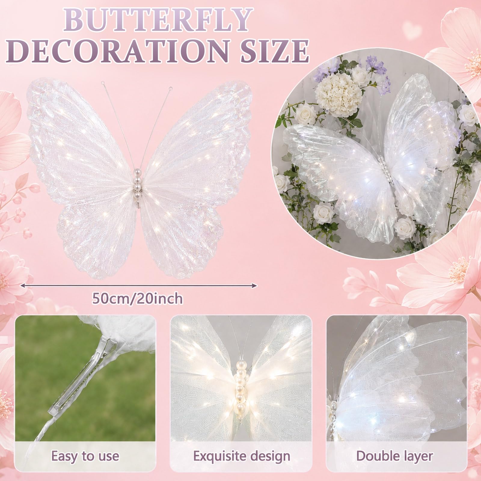3 decorazioni a LED grandi a forma di farfalla, 50,8 cm, giganti, illuminate, per albero di Natale, matrimoni, feste di compleanno, baby shower, vacanze, fotografie, artigianato, ghirlande