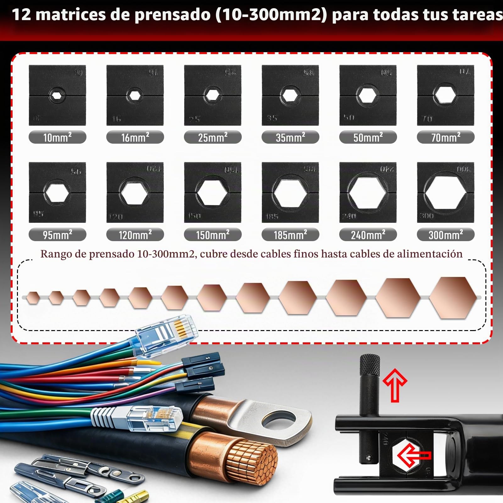 Crimpadora hidráulica eléctrica, herramienta de prensa con batería, herramienta de crimpado eléctrica con 12 matrices y estuche, para 10-300 mm² de terminales de cable de cobre y aluminio, Compatible