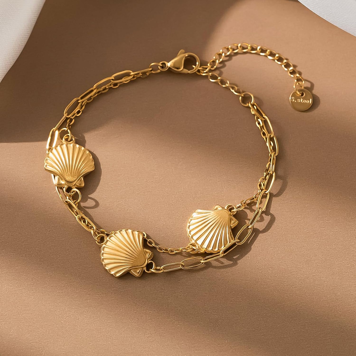 Summer Beach Layered Stainless Steel Bracelets for Women Bohemian Gold Ocean Charm Seashell Adjustable Paperclip Chain Bracelet for Summer Beach Party Holiday Vacation Jewelry Gift - Image 3