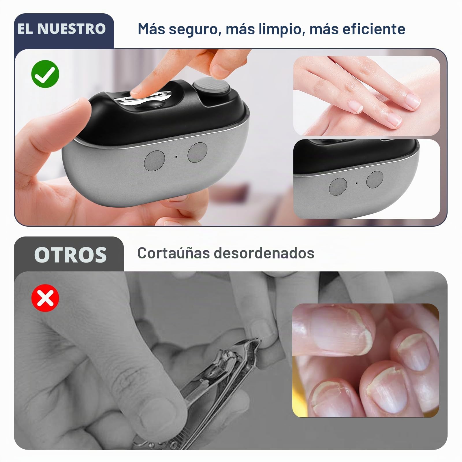 Vueeze Easyclip Smart Nail Clipper,Cortaúñas Inteligente,Easy Clip 3 en 1 Multifuncional, Cortaúñas Eléctrico Portátil con luz LED,Pulidor,Organizador de uñas (Gris)