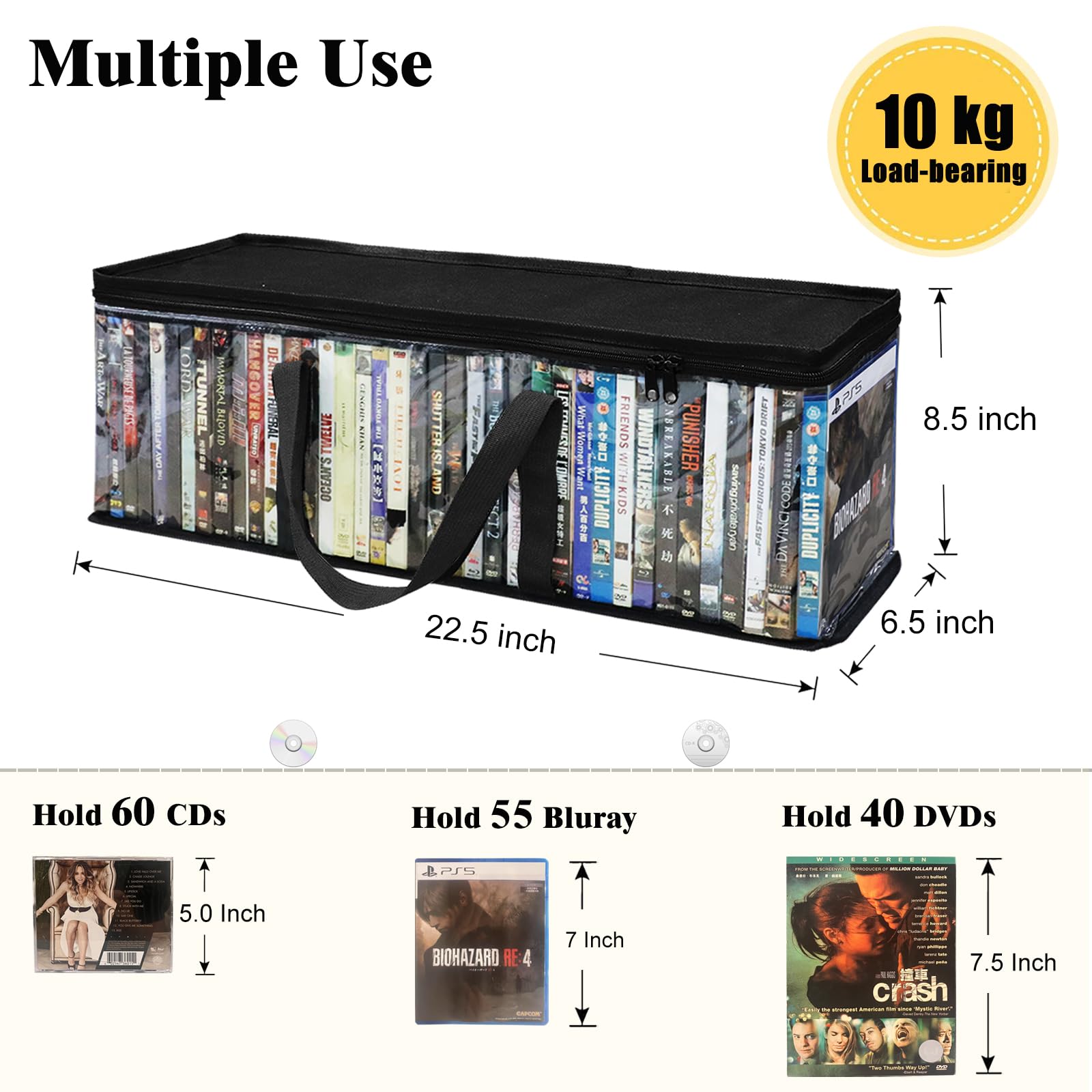 DVD-Aufbewahrungstaschen, 6 Stück, für 240 DVDs (je 40 Stück), wasserfeste, transparente PVC-Hülle mit Griffen, stapelbare Medien-Aufbewahrung für Blu-Ray, CDs, Videospiele